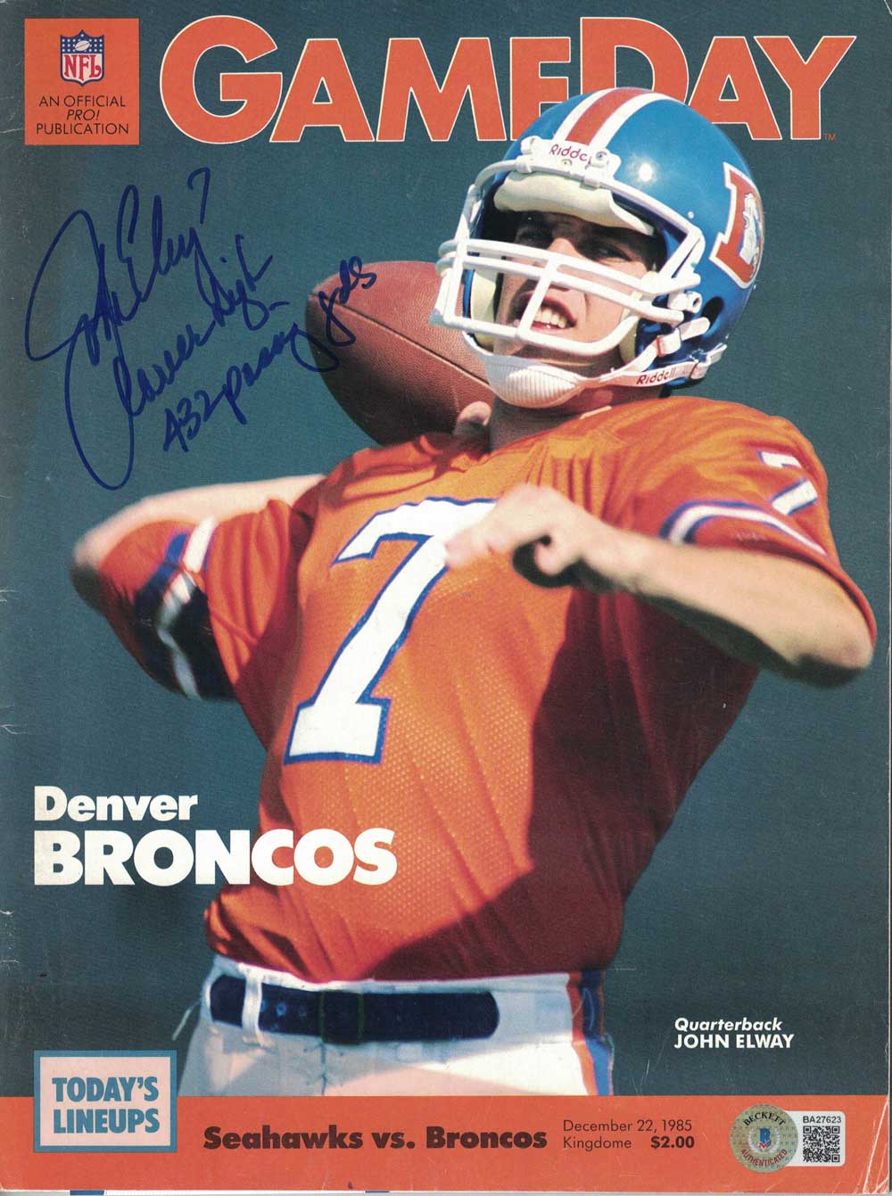 John Elway Signed Denver Broncos 1985 Gameday Program 432 Yards BAS 32138