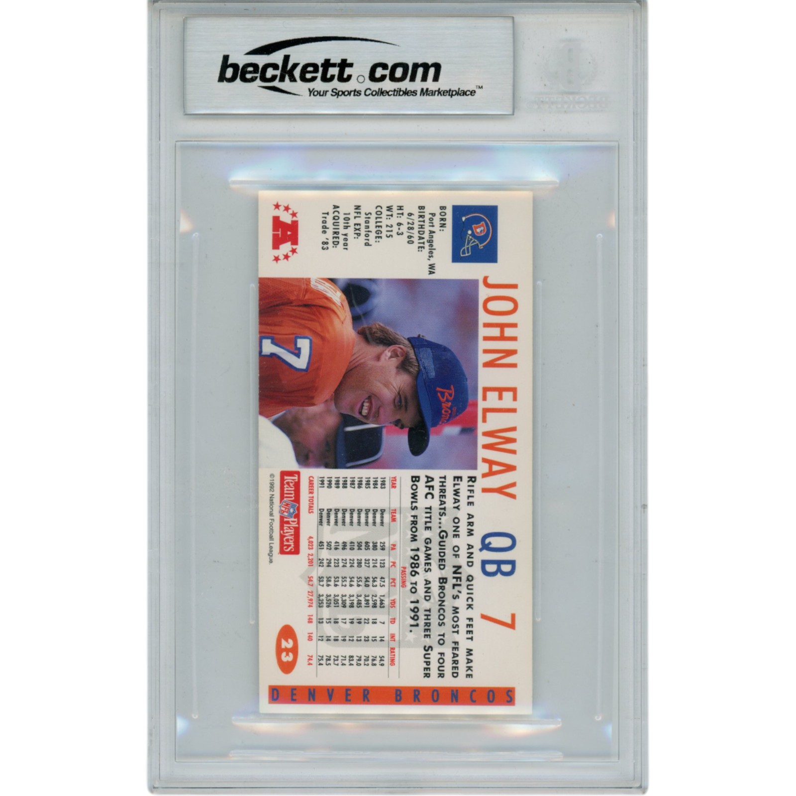 John Elway Autographed 1992 GameDay #23 Slabbed Trading Card Beckett 51535