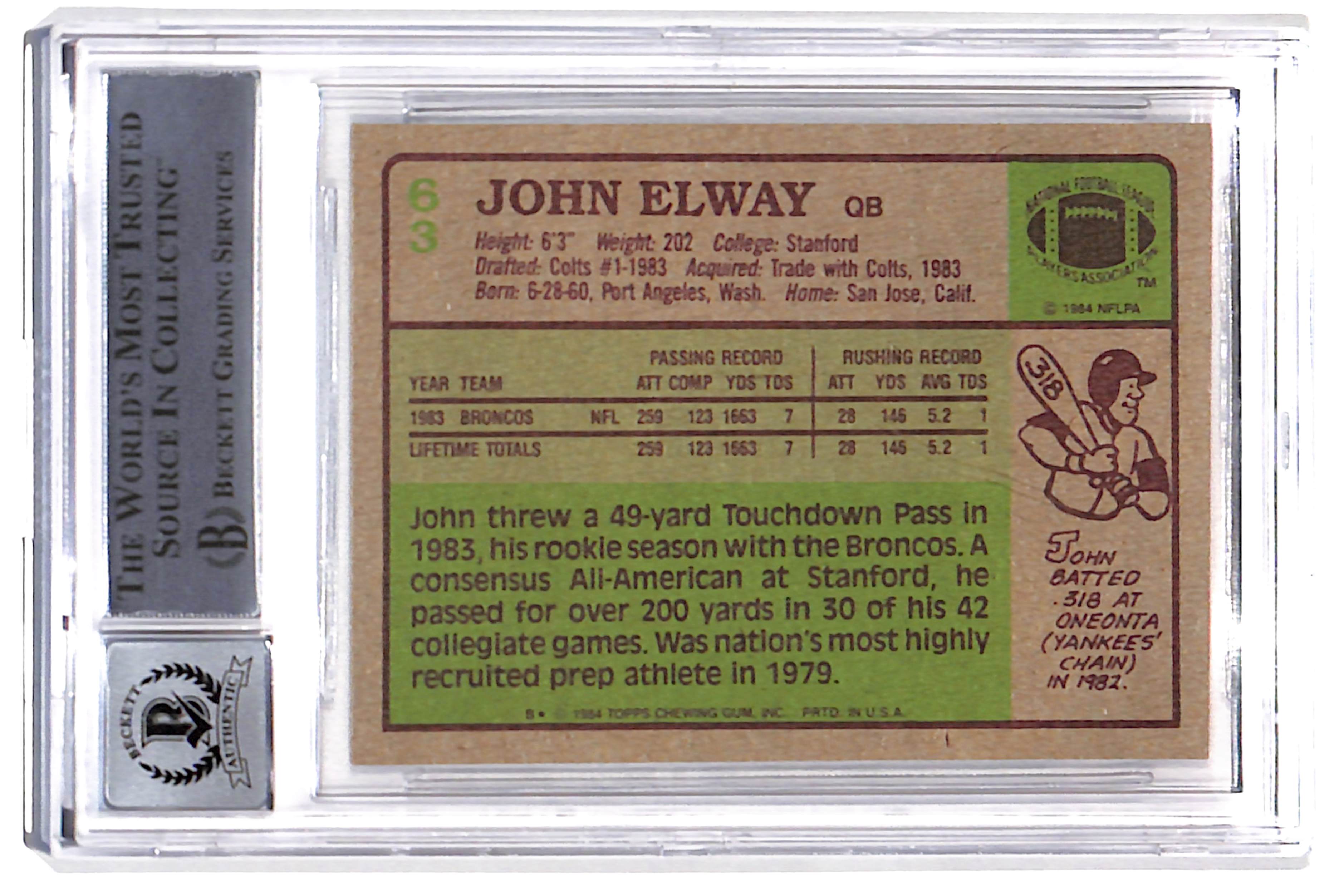 John Elway Signed 1984 Topps #63 Trading Card HOF Beckett 38766
