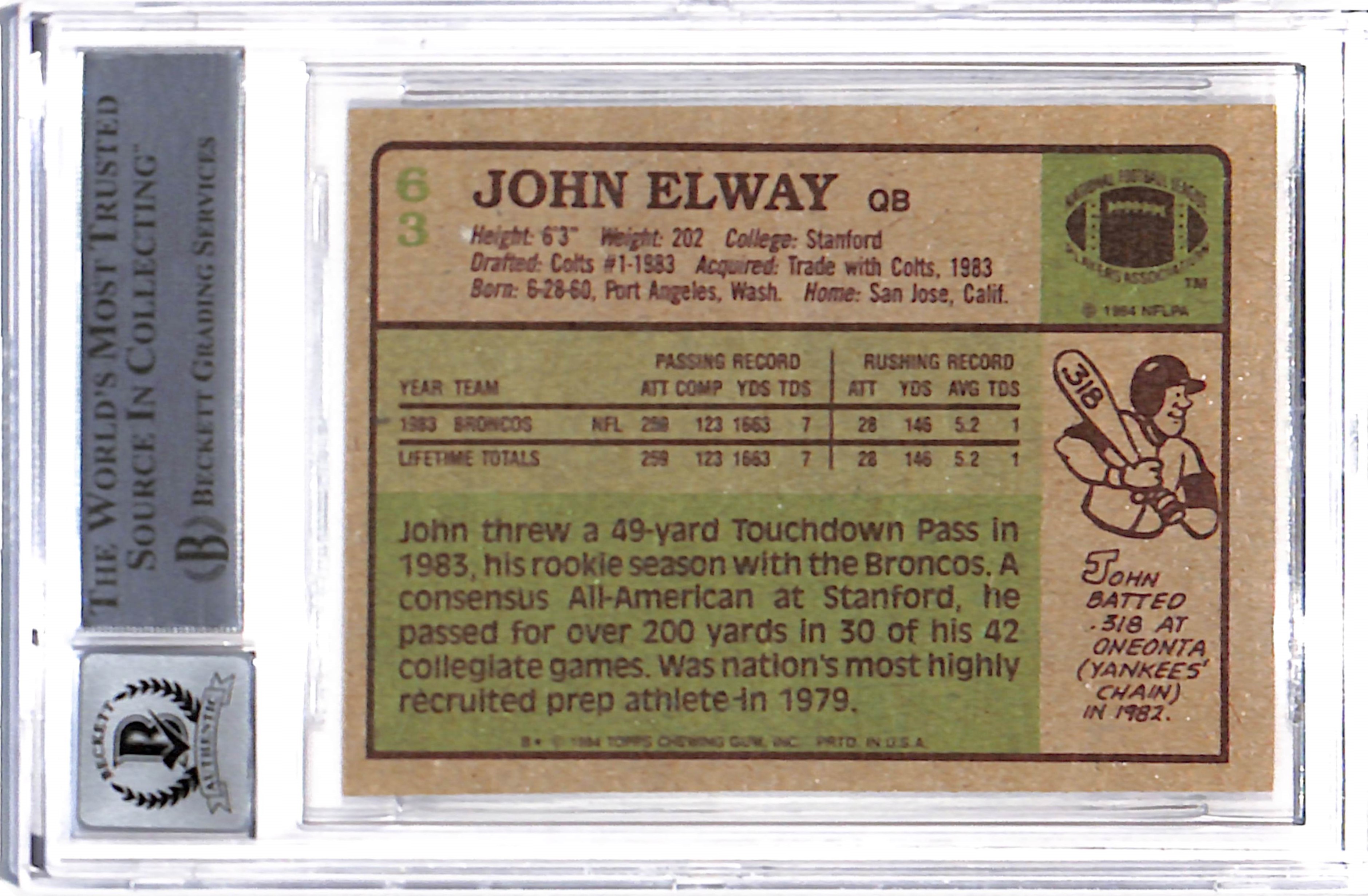 John Elway Signed 1984 Topps #63 Trading Card HOF Beckett 38770