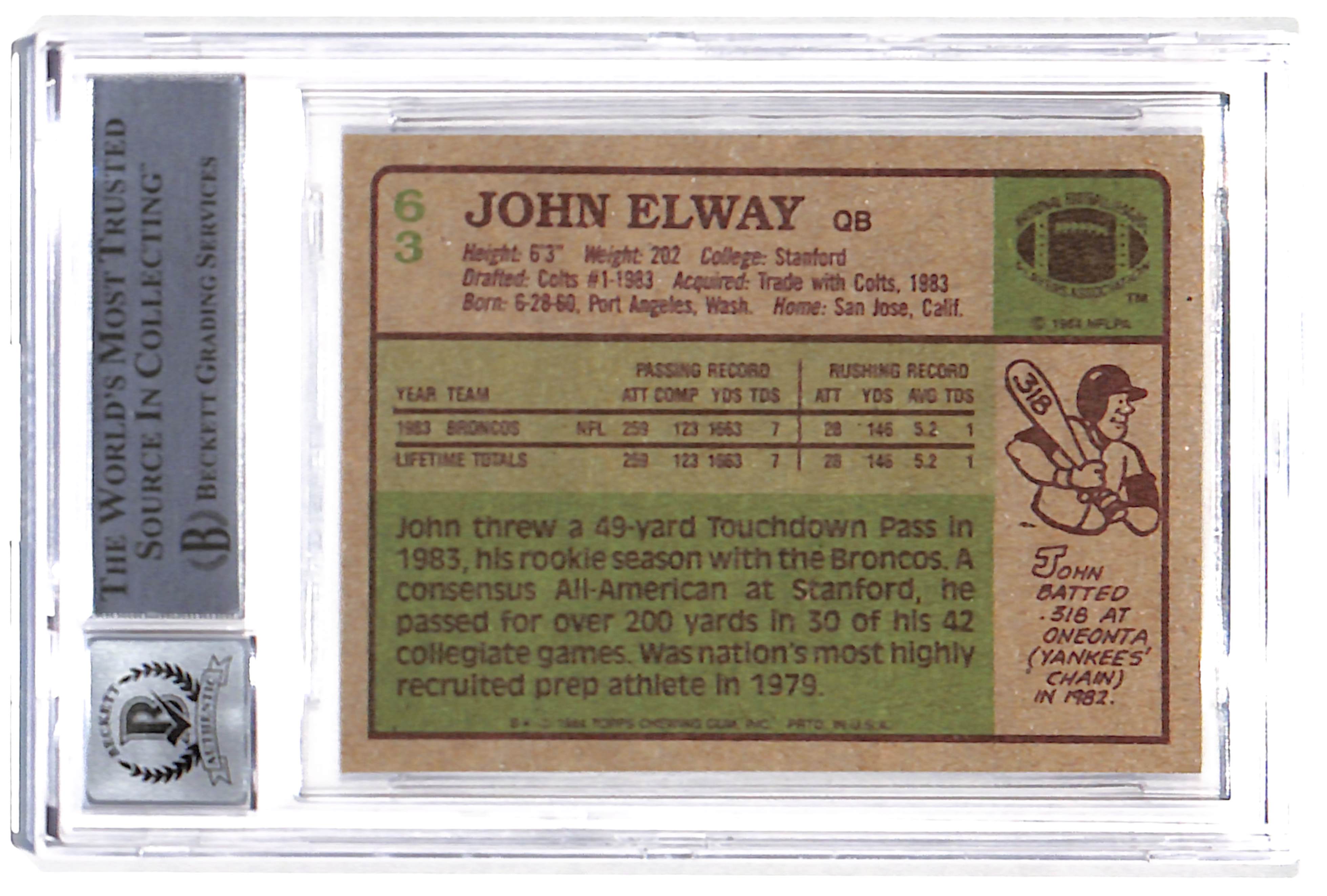 John Elway Signed 1984 Topps #63 Trading Card HOF Beckett 38772
