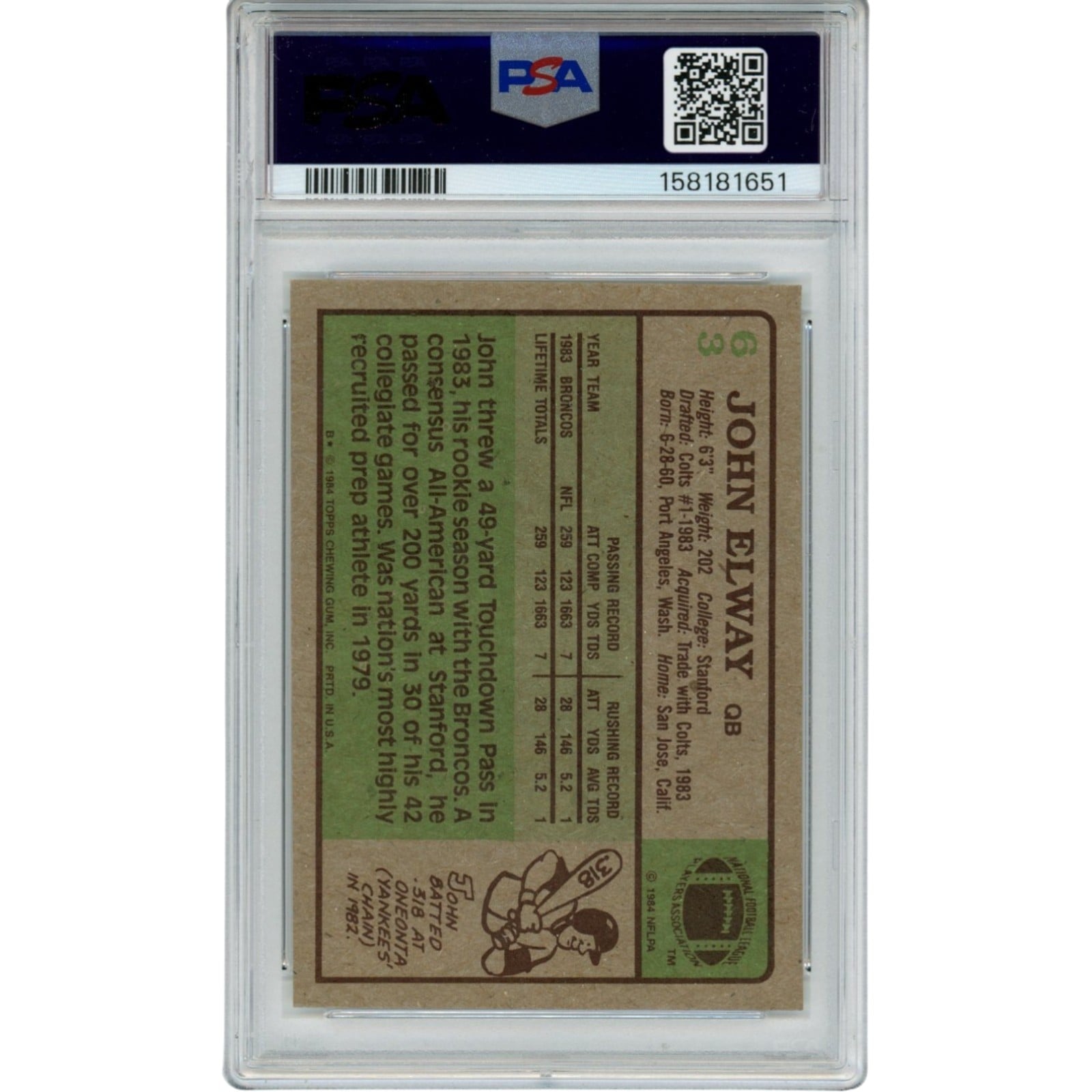 John Elway Autographed/Signed Denver Broncos Trading Card 84 Topps #63 PSA 55234