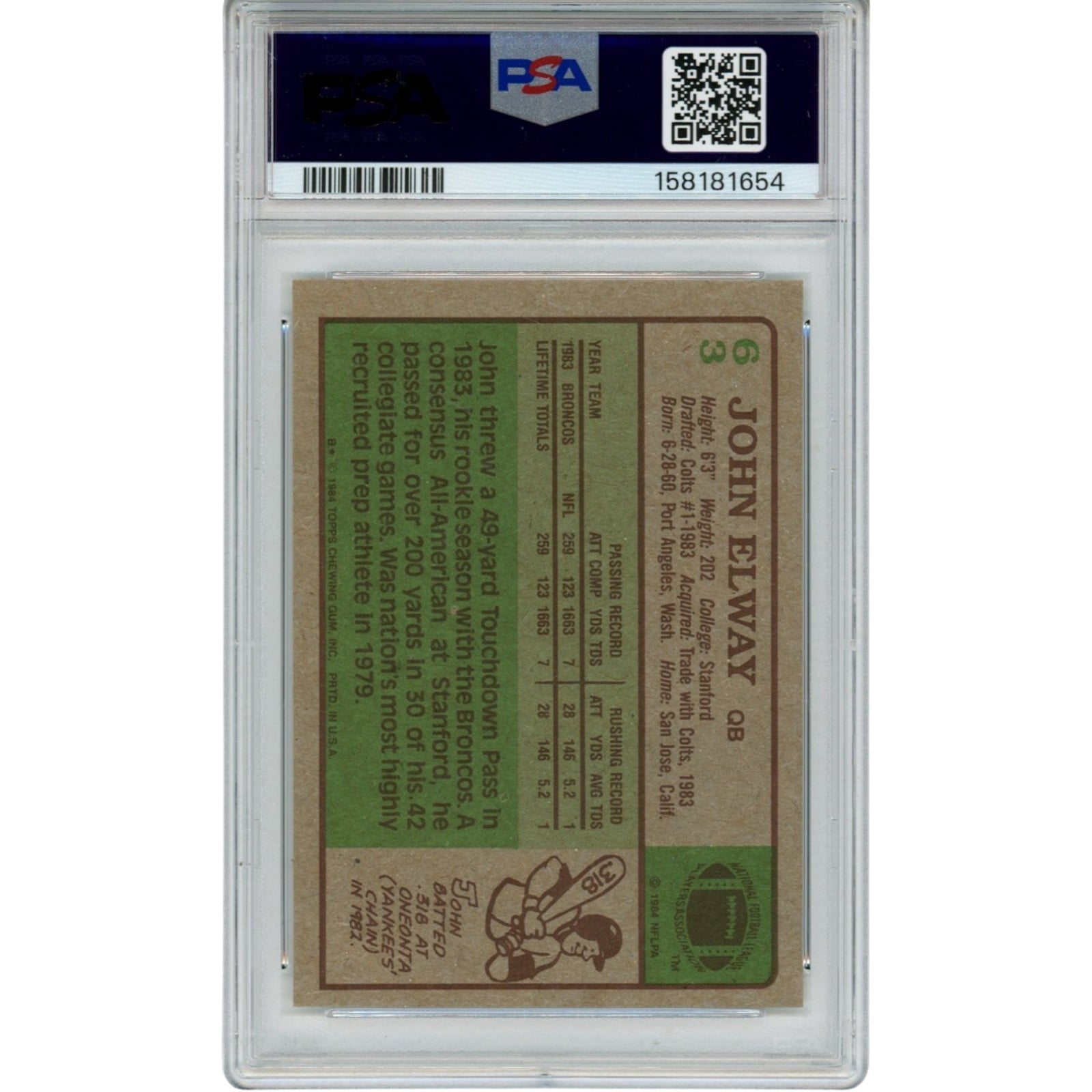 John Elway Autographed/Signed Denver Broncos Trading Card 84 Topps #63 PSA 55236