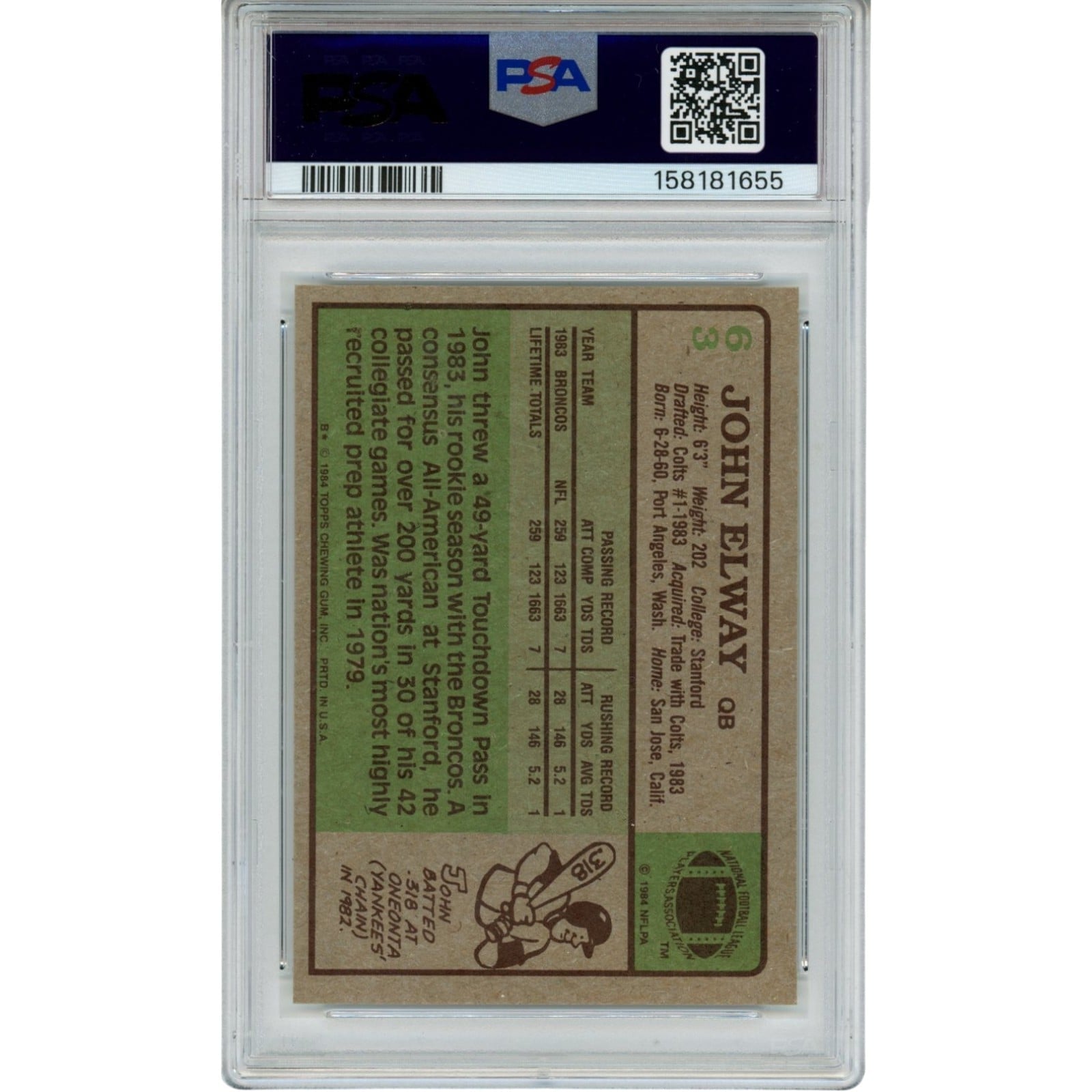 John Elway Autographed/Signed Denver Broncos Trading Card 84 Topps #63 PSA 55238
