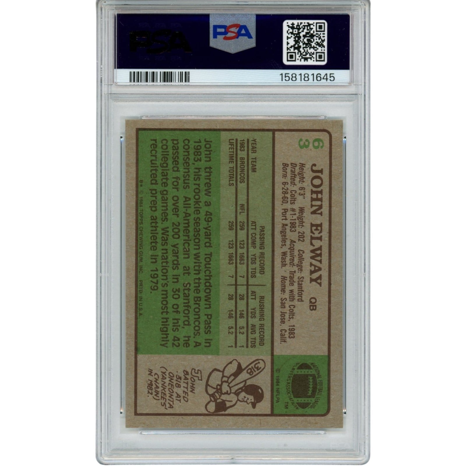 John Elway Autographed/Signed Denver Broncos Trading Card HOF 84 Topps PSA 55241
