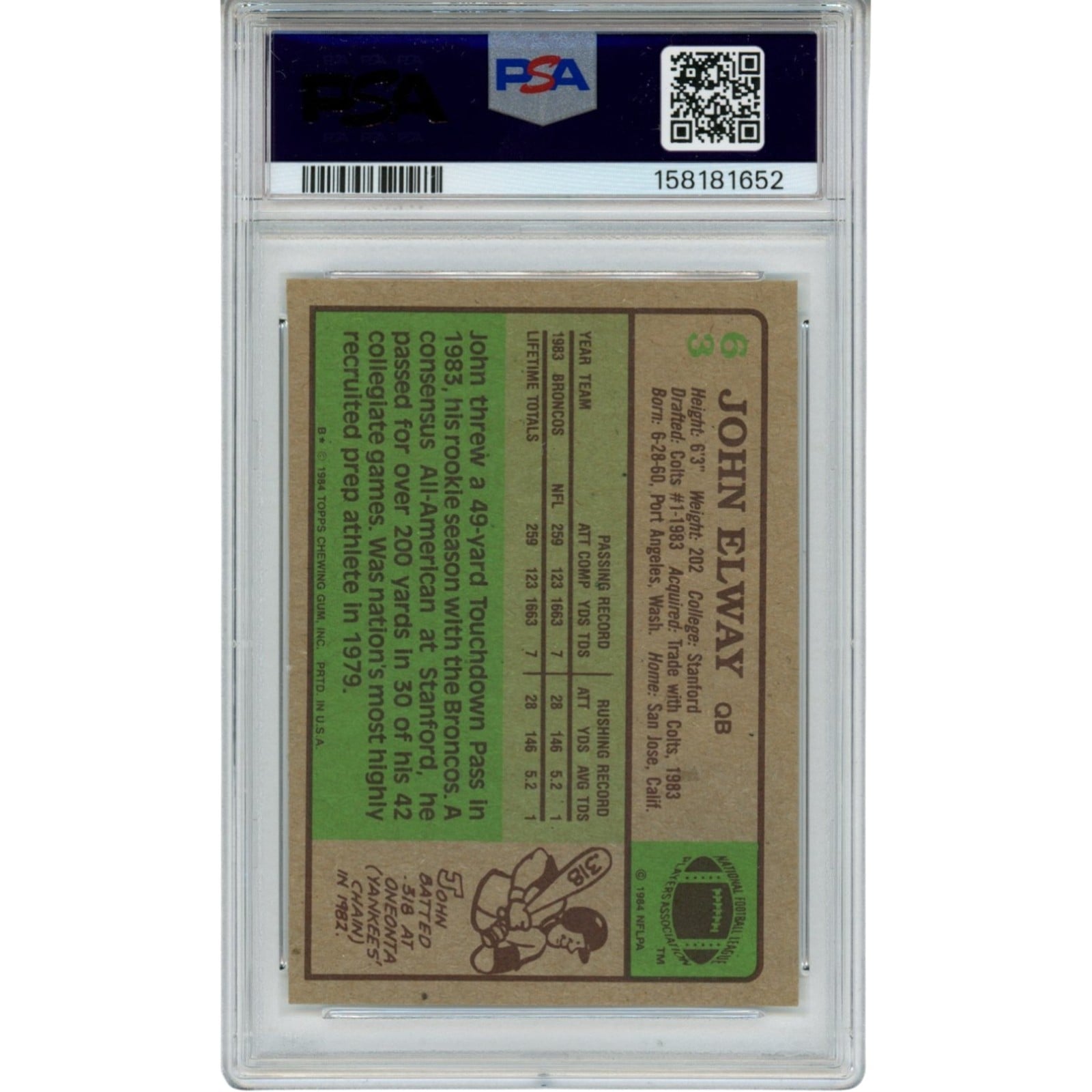 John Elway Autographed/Signed Denver Broncos Trading Card 84 Topps #63 PSA 55239