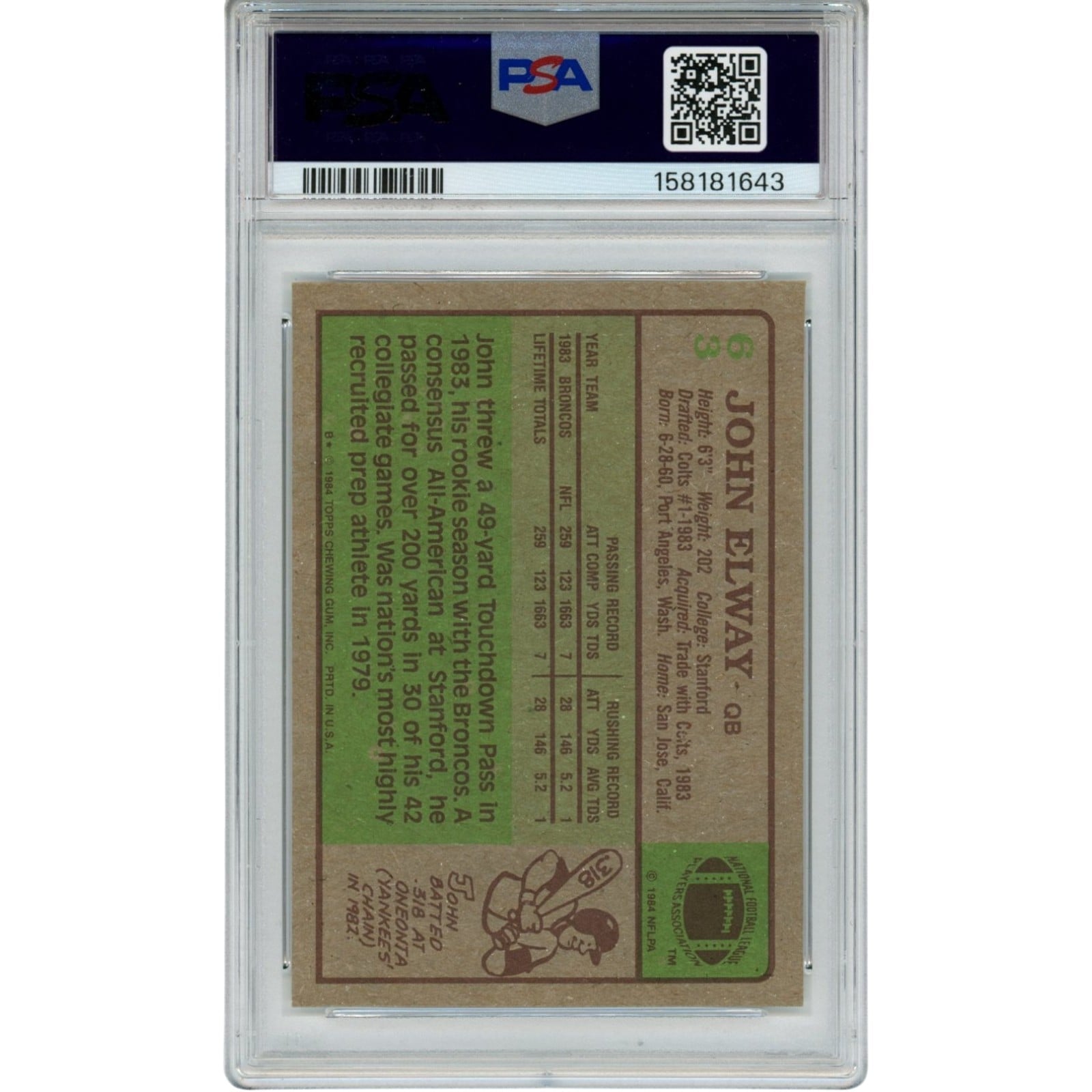 John Elway Autographed/Signed Denver Broncos Trading Card HOF 84 Topps PSA 55242