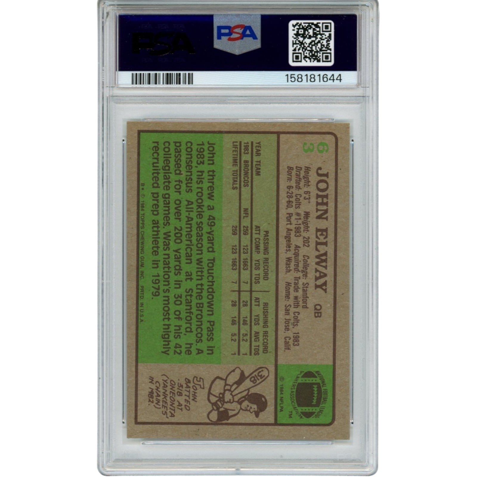John Elway Autographed/Signed Denver Broncos Trading Card HOF 84 Topps PSA 55244