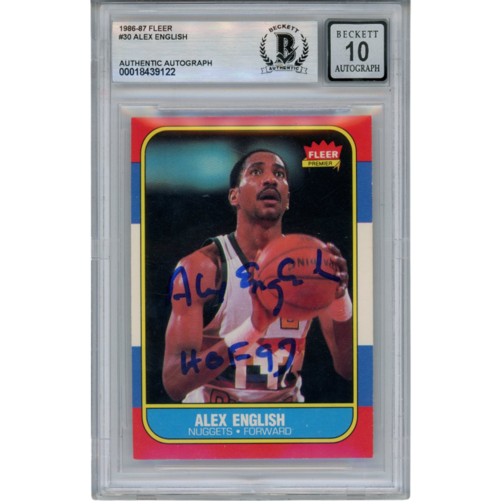 Alex English Autographed 1986 Fleer #30 HOF Trading Card 10 Slab Beckett 51909