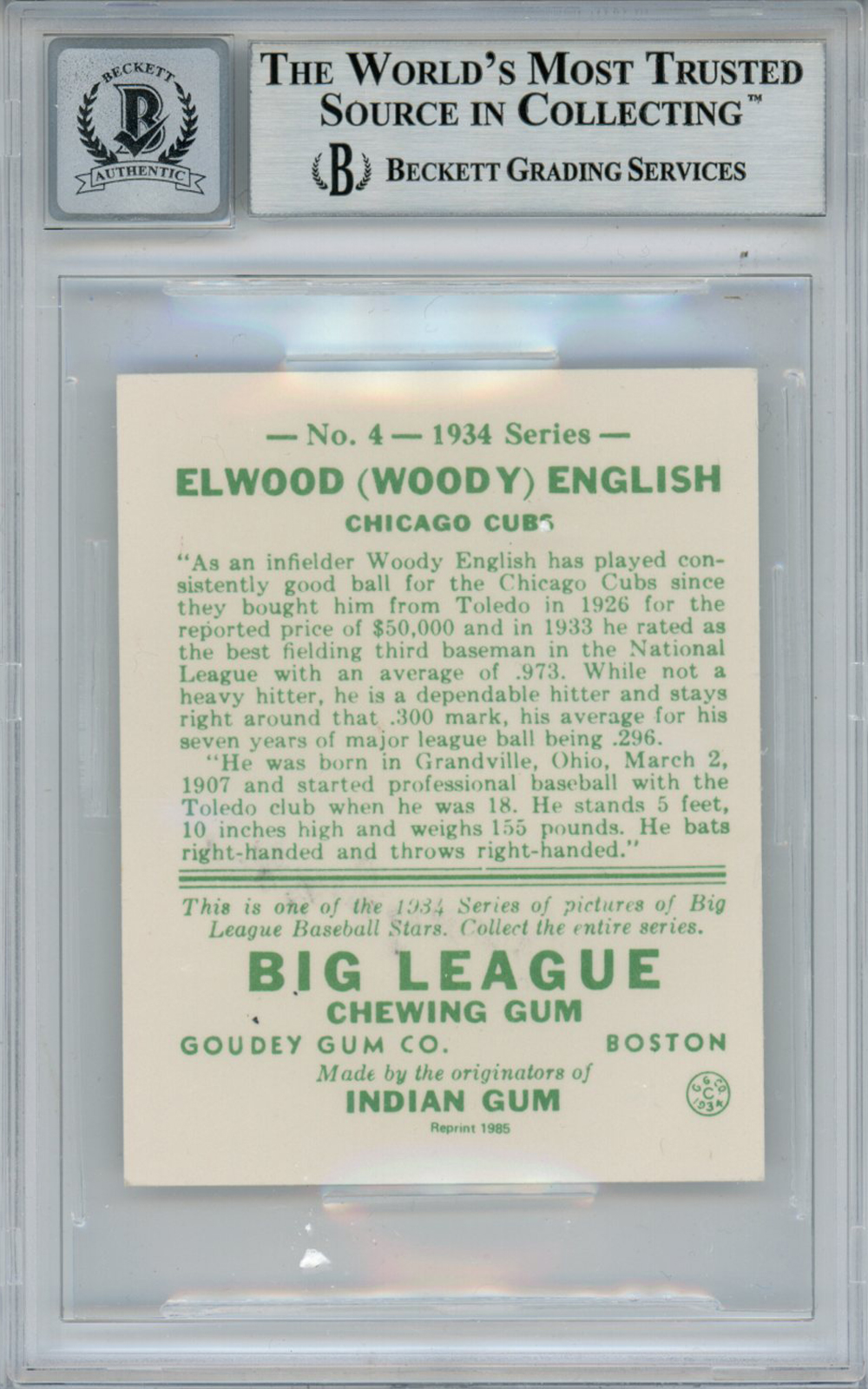 Woody English Signed 1934 Goudey '85 Reprints #4 Card Beckett 10 Slab