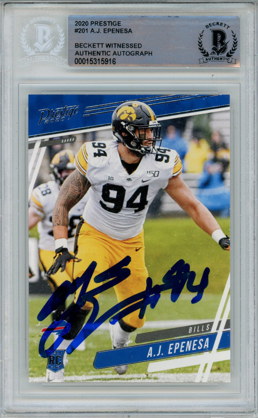 AJ Epenesa Autographed 2020 Panini Prestige #201 Rookie Card BAS Slab