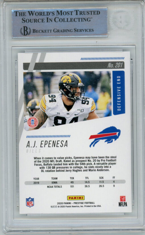 AJ Epenesa Autographed 2020 Panini Prestige #201 Rookie Card BAS Slab