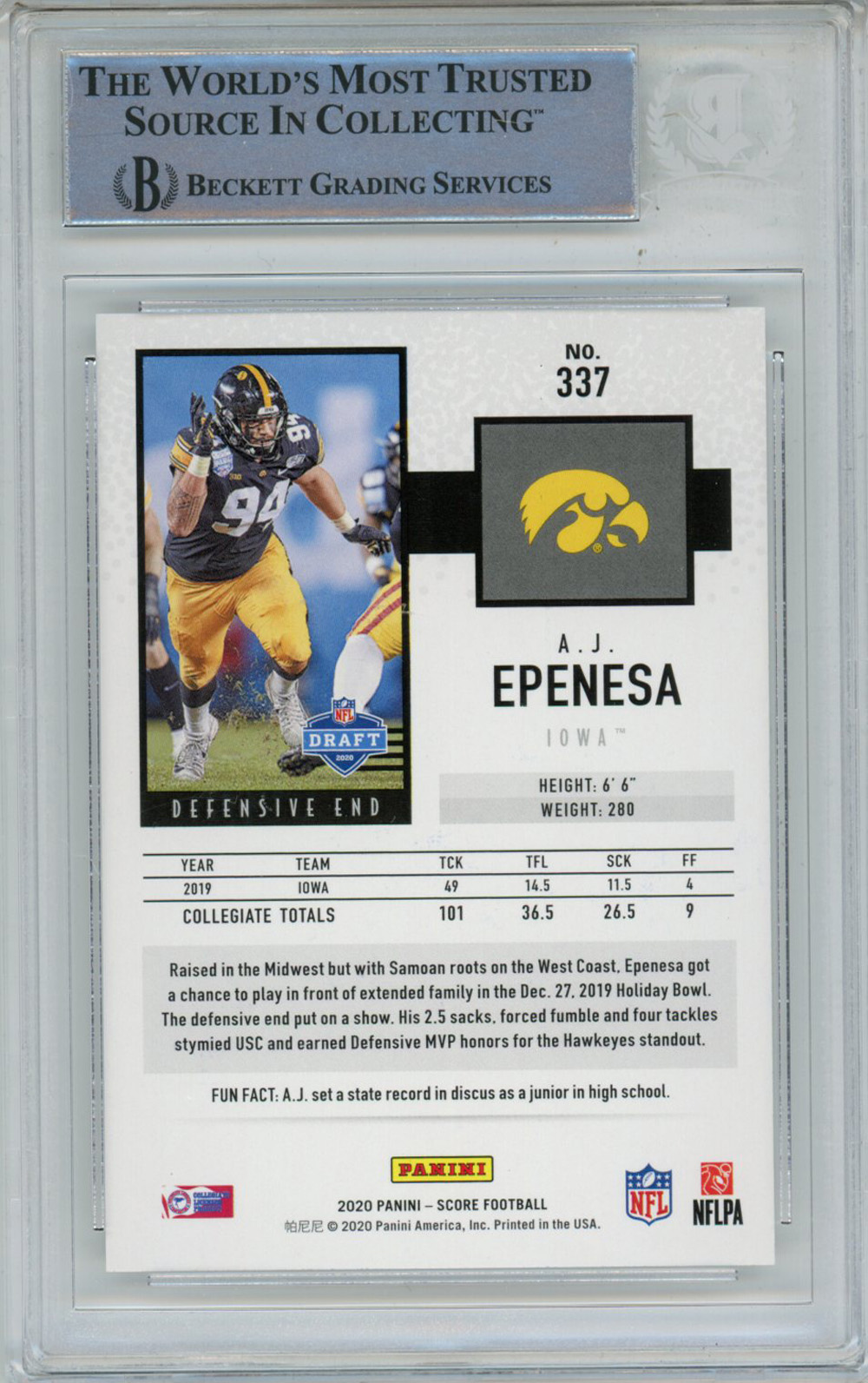 AJ Epenesa Autographed 2020 Score #337 Rookie Card BAS Slab