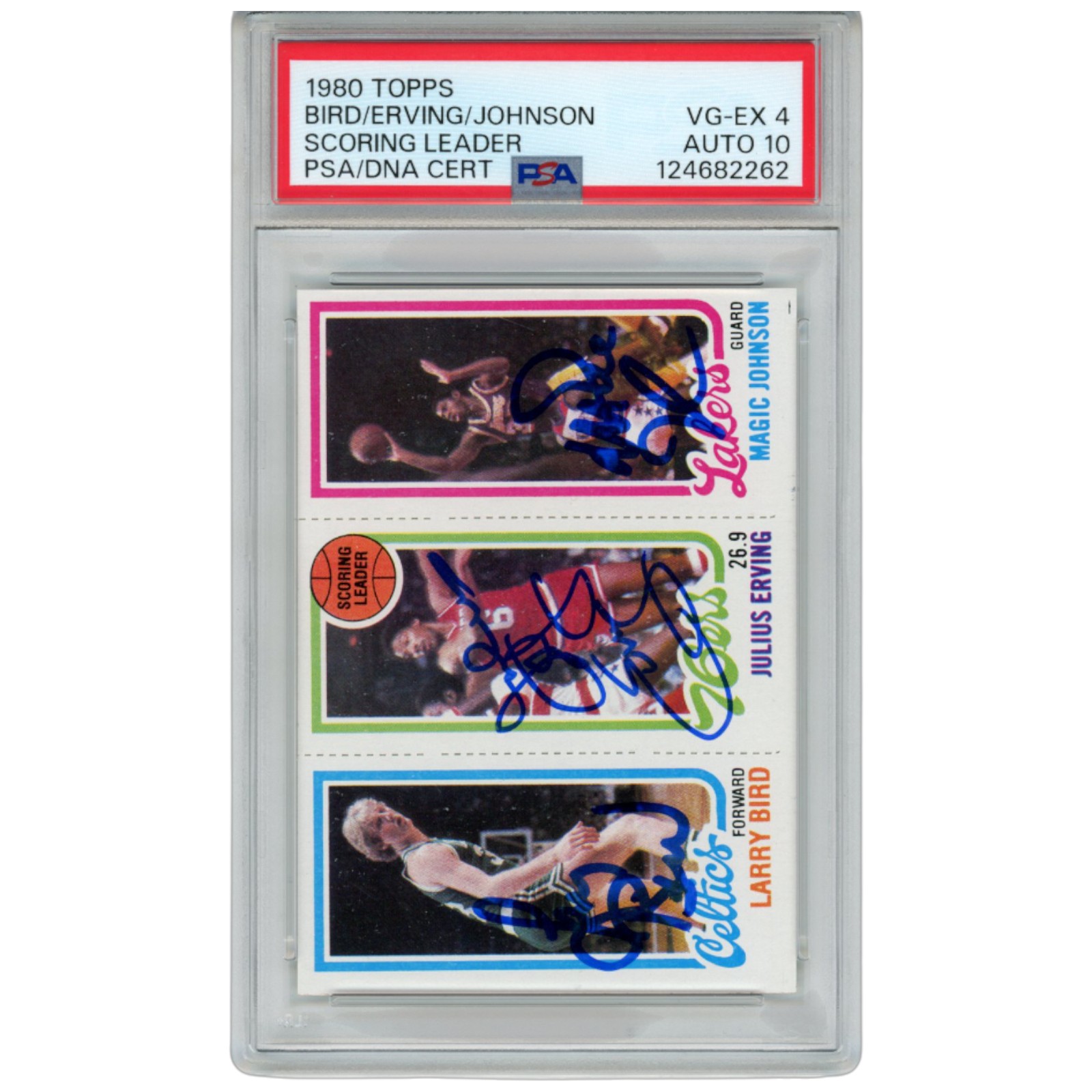 Larry Bird Magic Johnson Julius Erving Signed 1980 Topps PSA 4 Auto10 Slab 53258