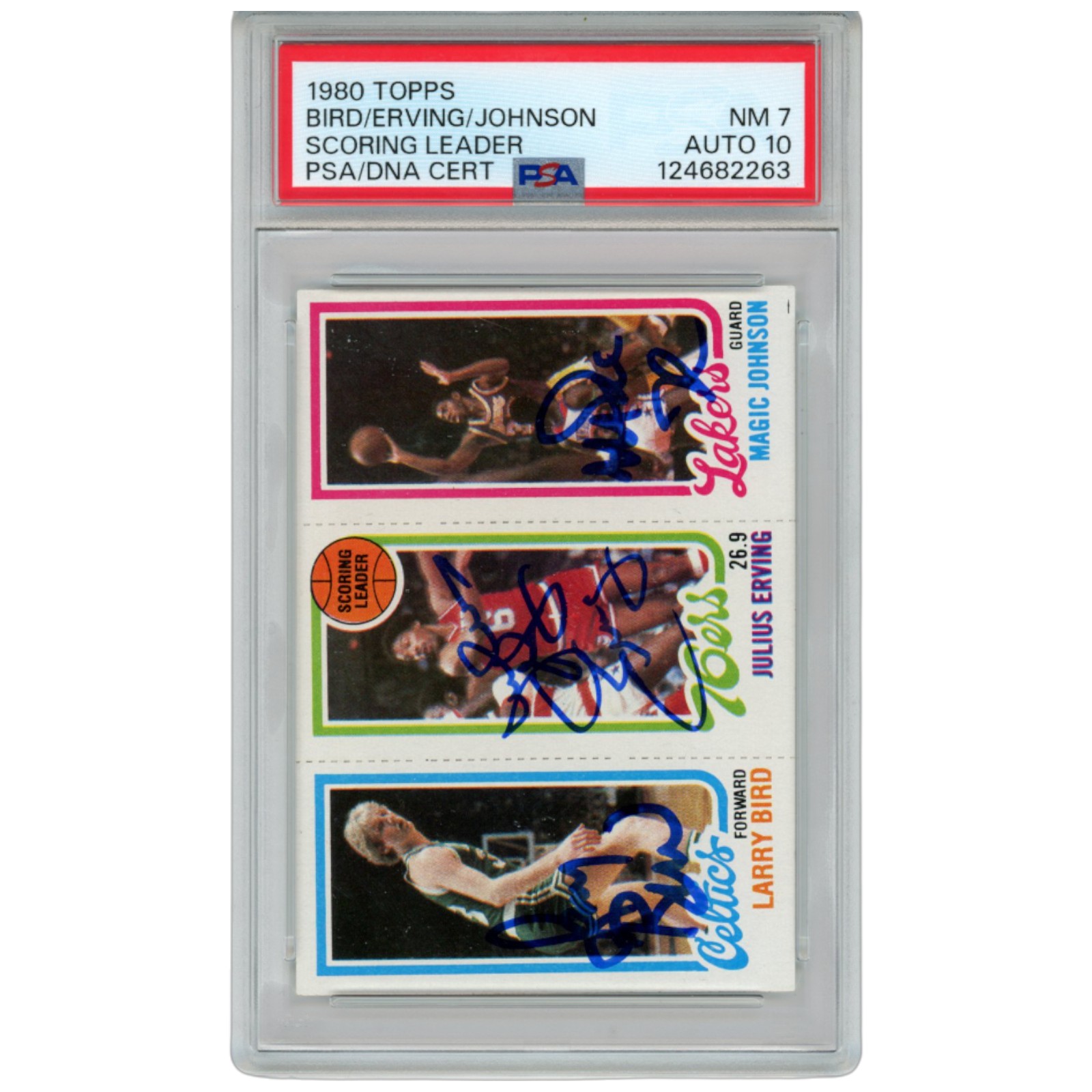 Larry Bird Magic Johnson Julius Erving Signed 1980 Topps PSA 7 Auto10 Slab 53274