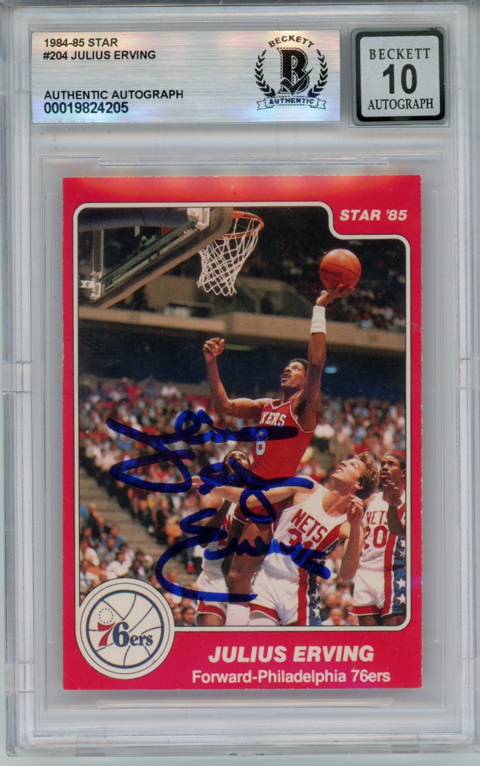 Julius Erving Autographed 1985 Star Card #204 10 auto Card Slab Beckett 54679