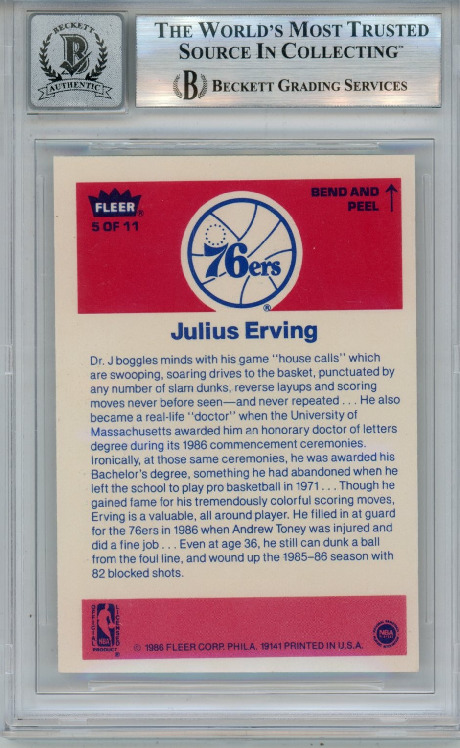 Julius Erving Autographed 1986 Fleer Sticker 10 auto Card Slab Beckett 54681
