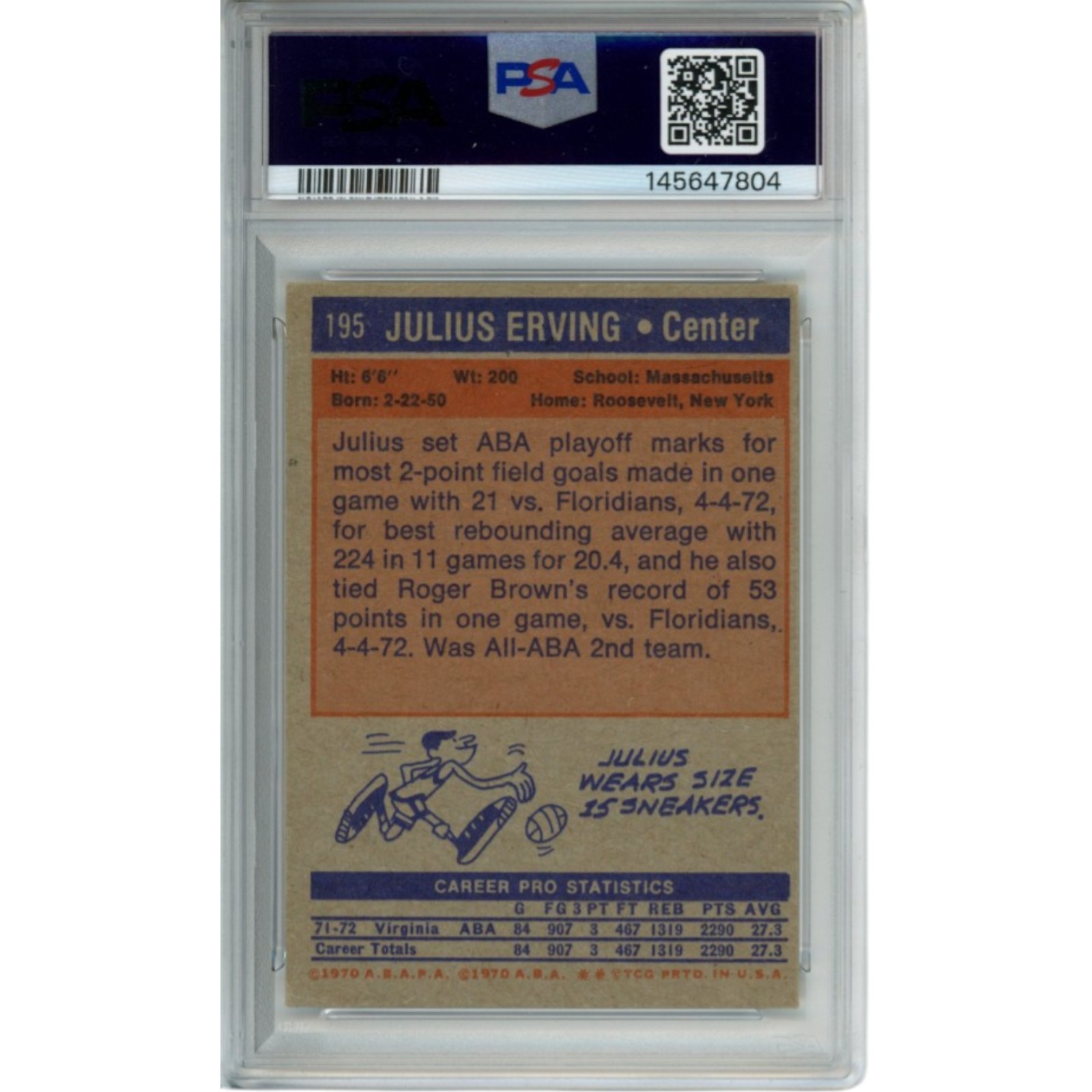 Julius Erving Autographed New Jersey Nets 1972 Topps #195 PSA 4 Slab Card 54675