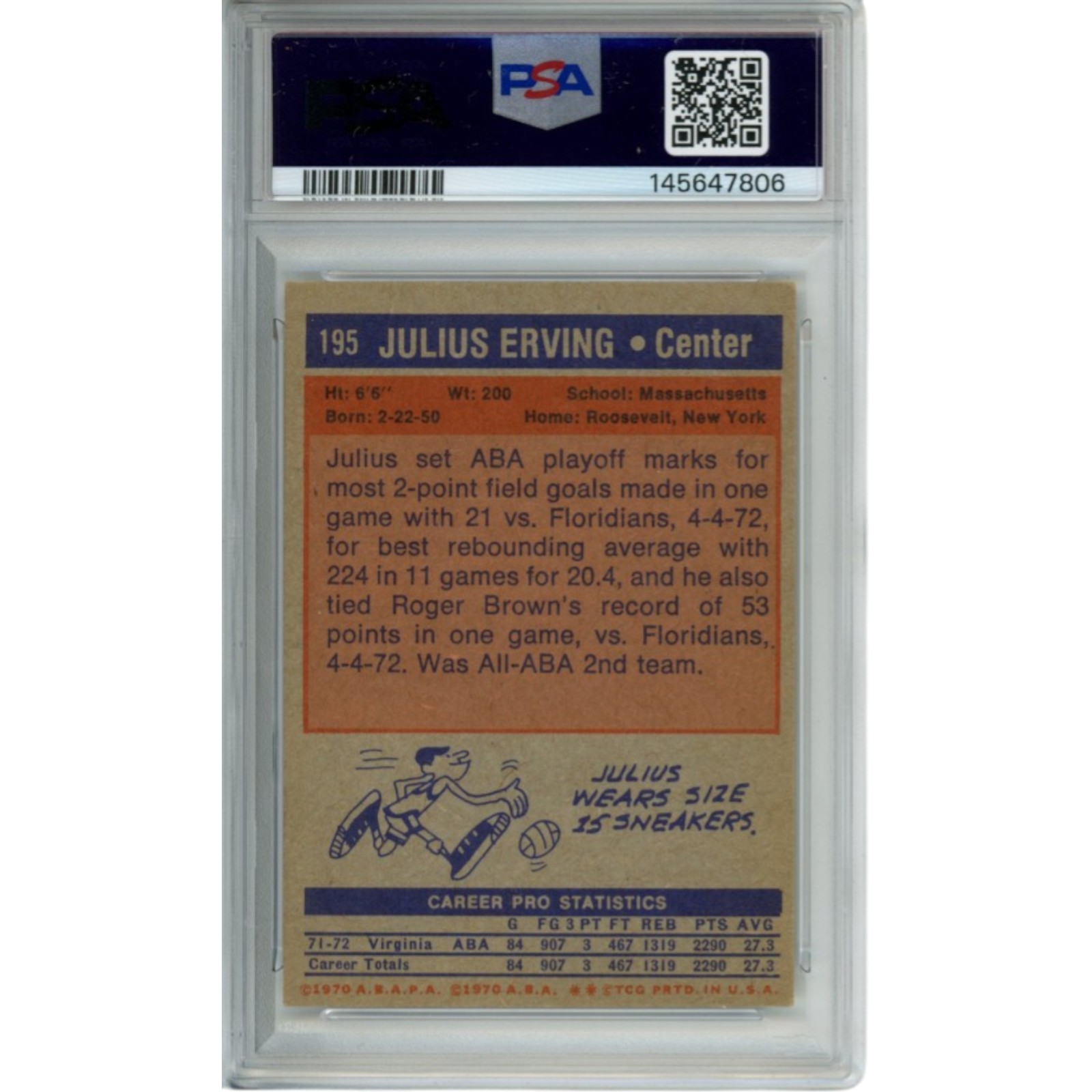 Julius Erving Autographed New Jersey Nets 1972 Topps #195 PSA 6 Slab Card 54680