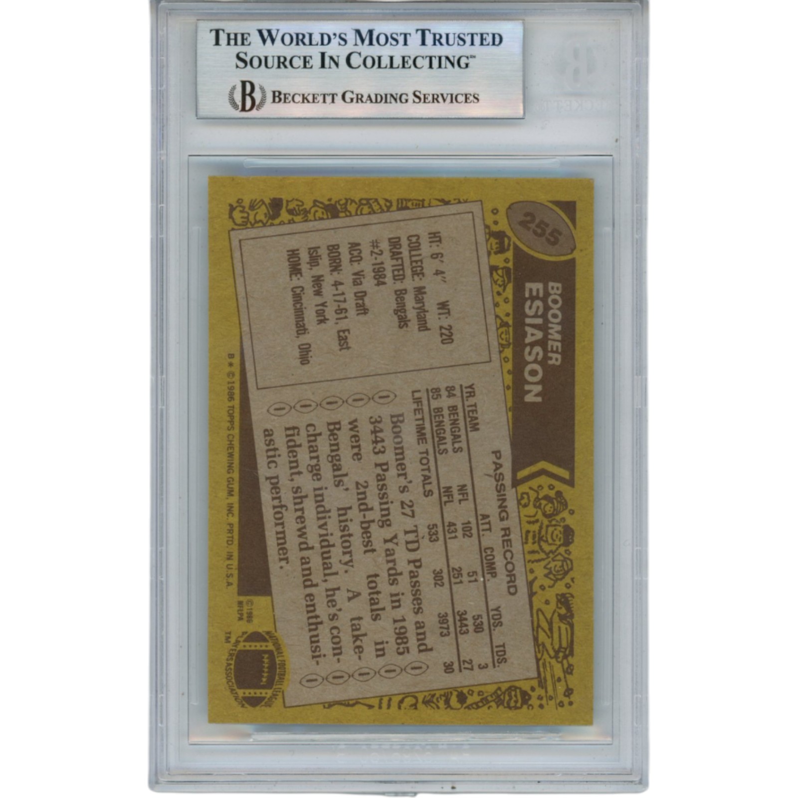 Boomer Esiason Autographed/Signed 1986 Topps #255 Trading Card Beckett 53188 2 Boomer Esiason Autographed/Signed 1986 Topps #255 Trading Card Beckett 53188