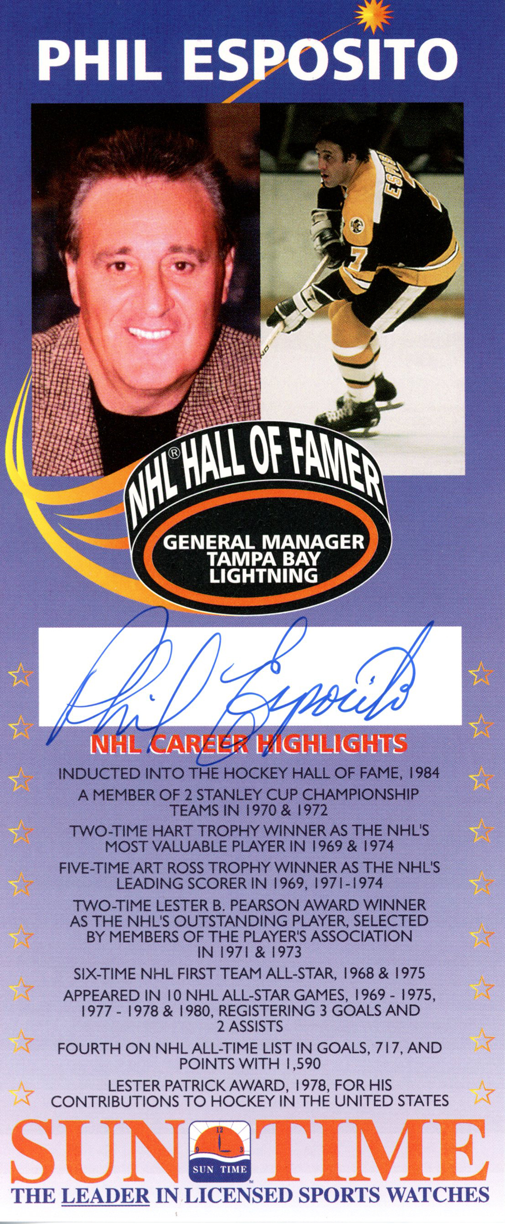 Phil Esposito Autographed/Signed Boston Bruins Advertisement Card