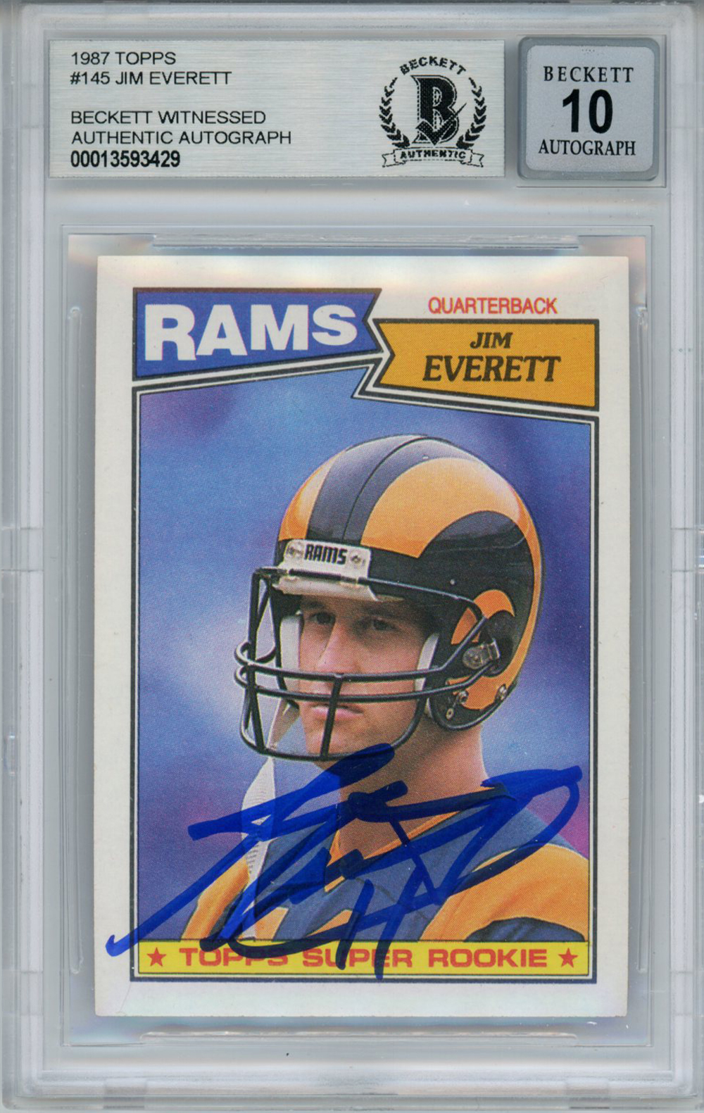 Jim Everett Autographed 1987 Topps #145 Rookie Card Beckett 10 Slab