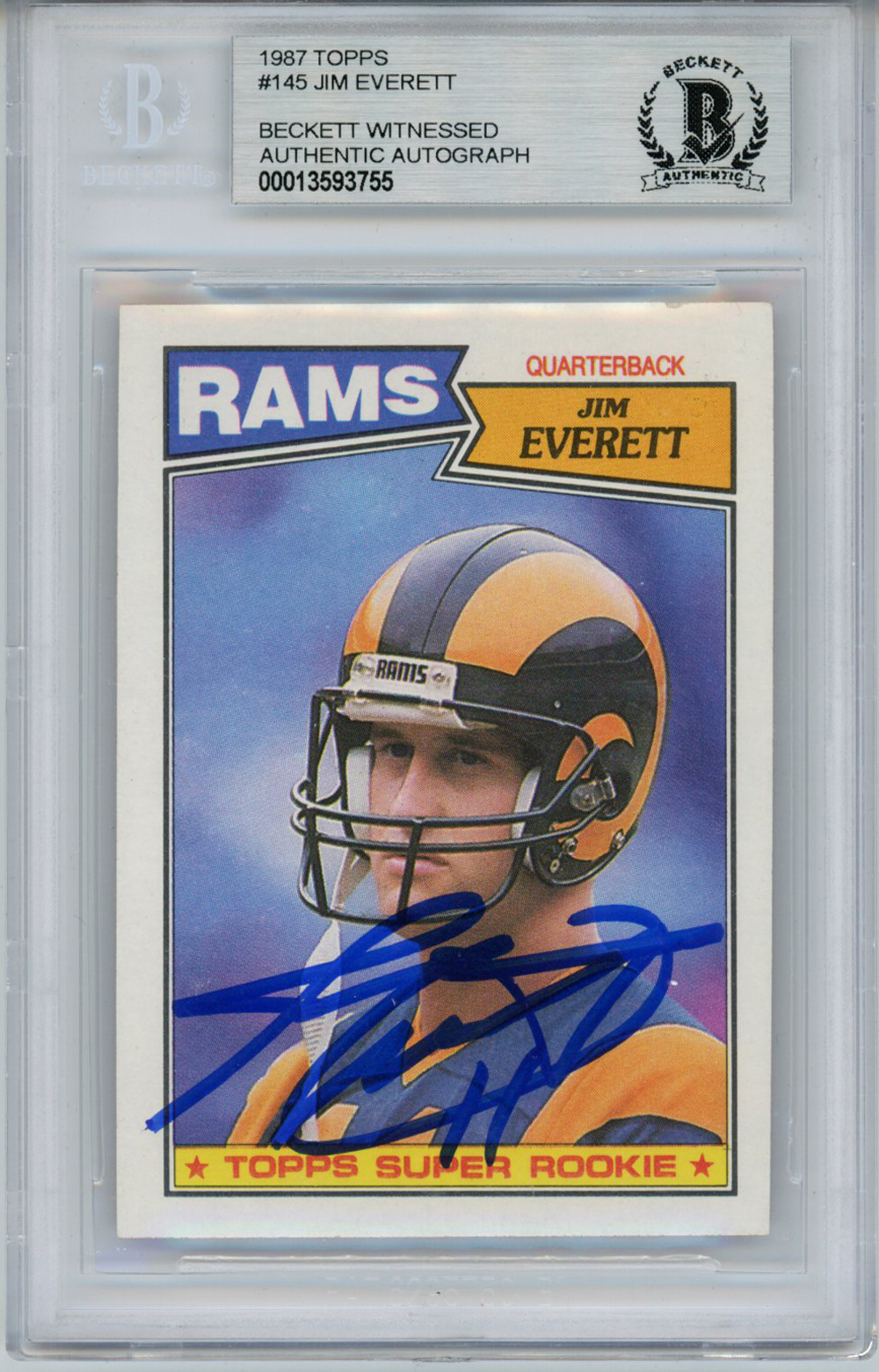 Jim Everett Autographed/Signed 1987 Topps #145 Rookie Card Beckett Slab