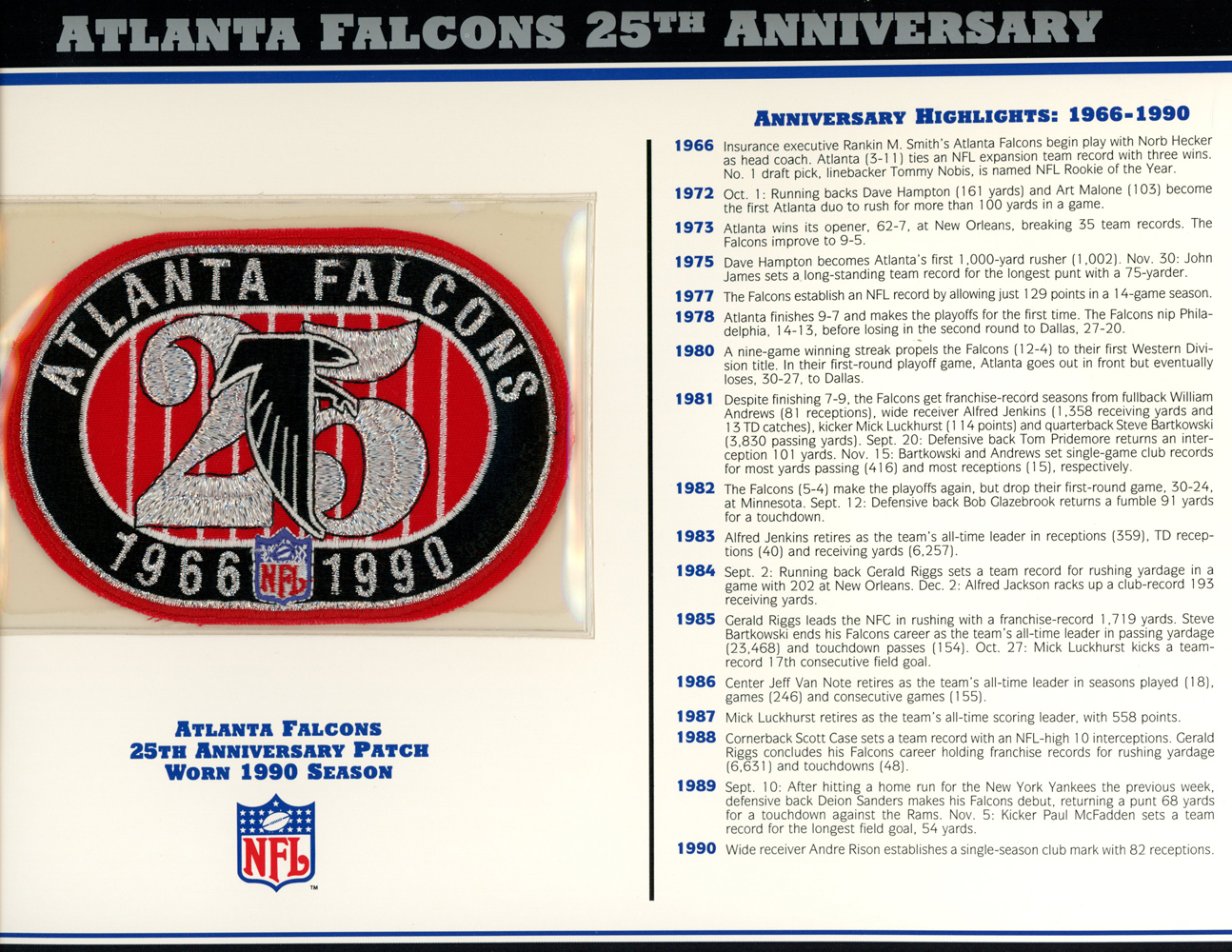 Atlanta Falcons 25th Anniversary Patch Stat Card Official Willabee & Ward