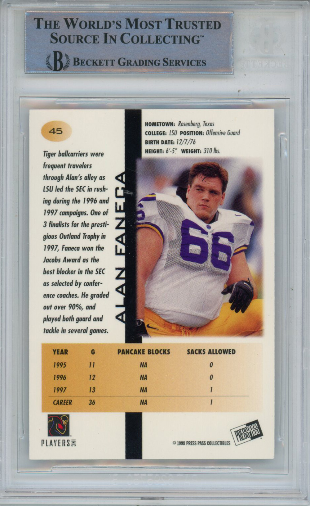 Alan Faneca Autographed 1998 Press Pass #45 Trading Card Beckett Slab