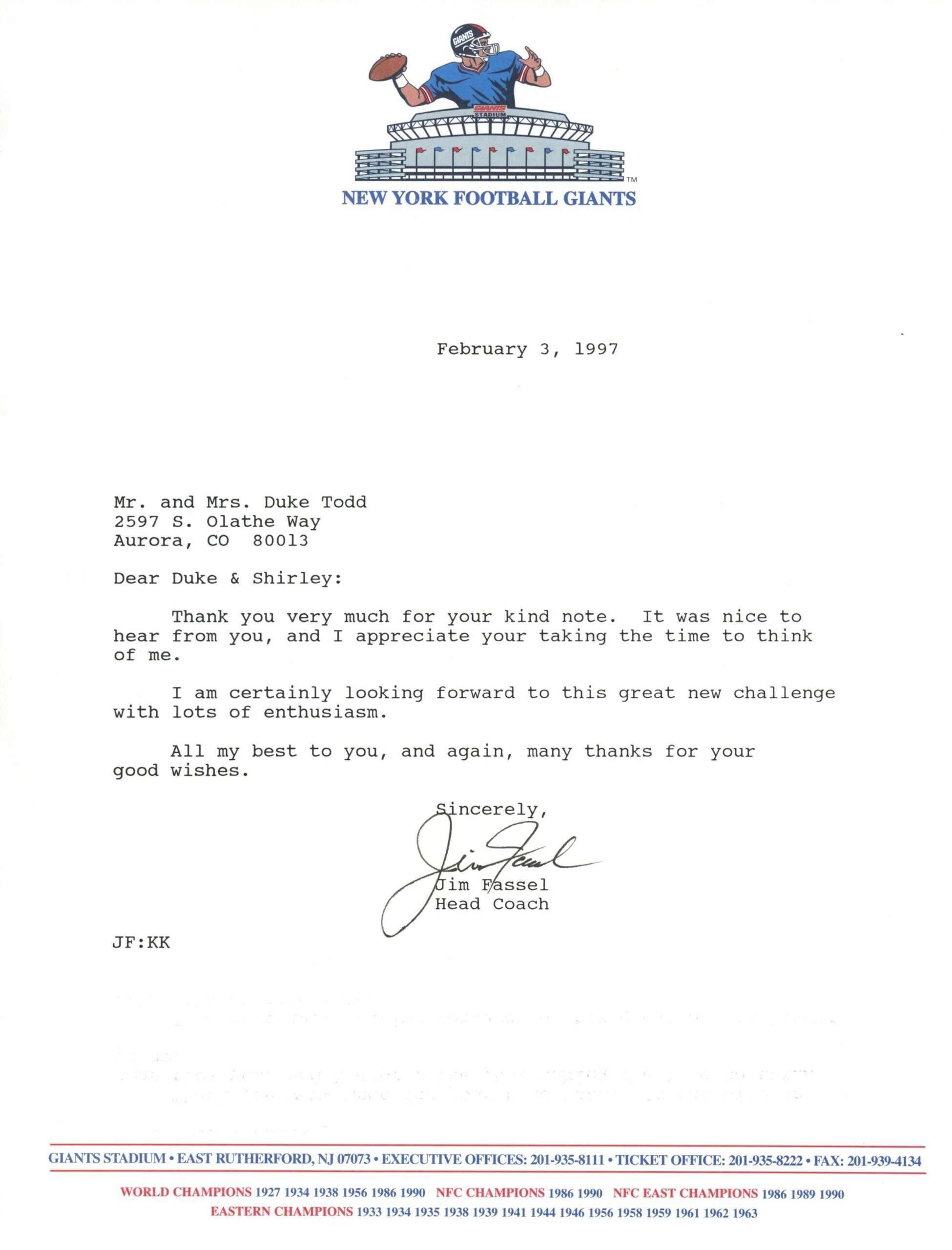 Jim Fassel Autographed/Signed New York Giants Personalized Team Letter 57869 1 Jim Fassel Autographed/Signed New York Giants Personalized Team Letter 57869