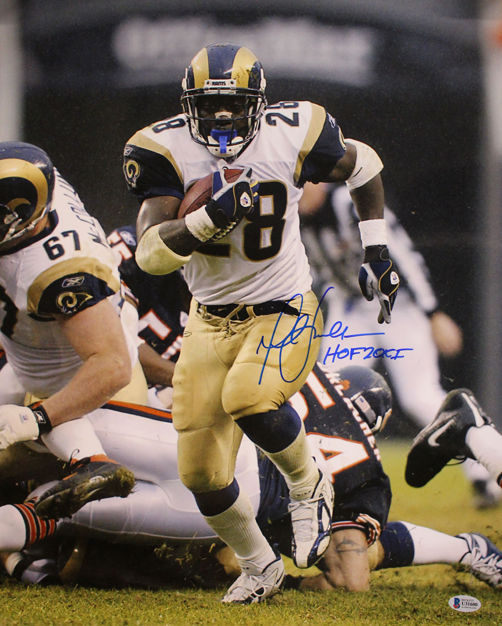 Marshall Faulk Autographed/Signed St Louis Rams 16x20 Photo HOF BAS 29088