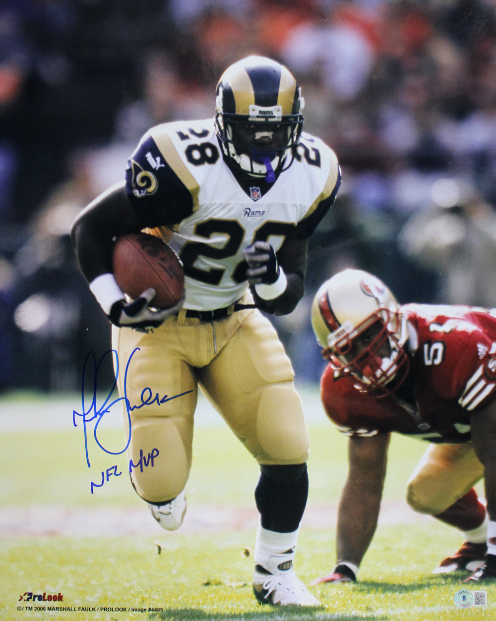 Marshall Faulk Autographed St Louis Rams 16x20 Photo NFL MVP Beckett