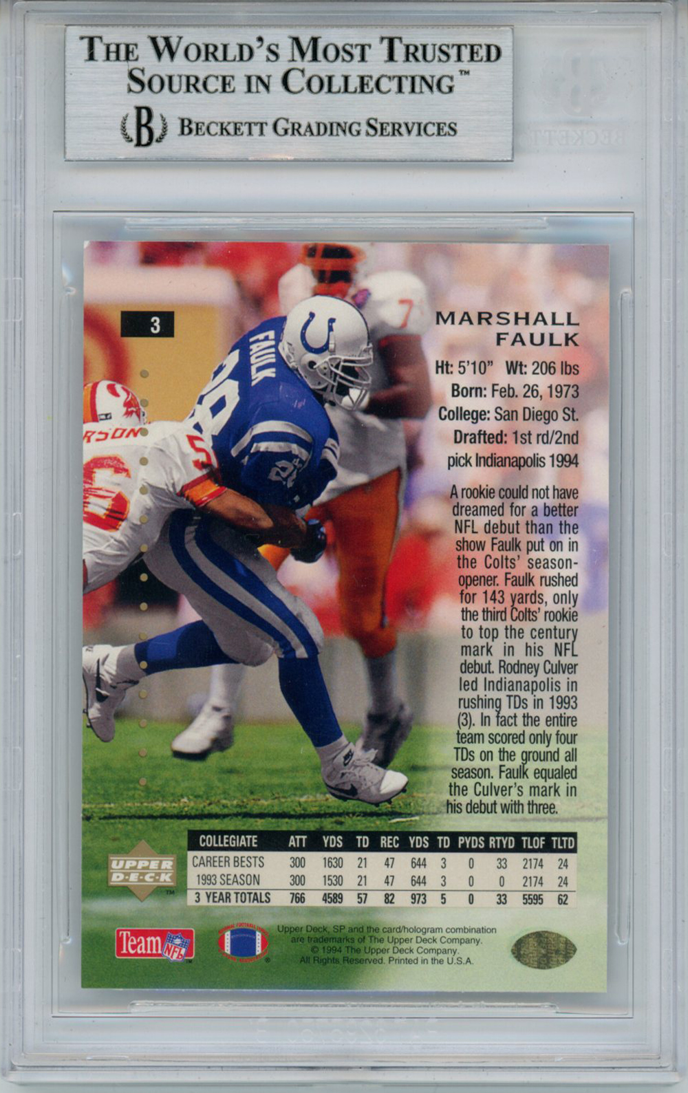 Marshall Faulk Autographed 1994 SP #3 Rookie Card Beckett Slab