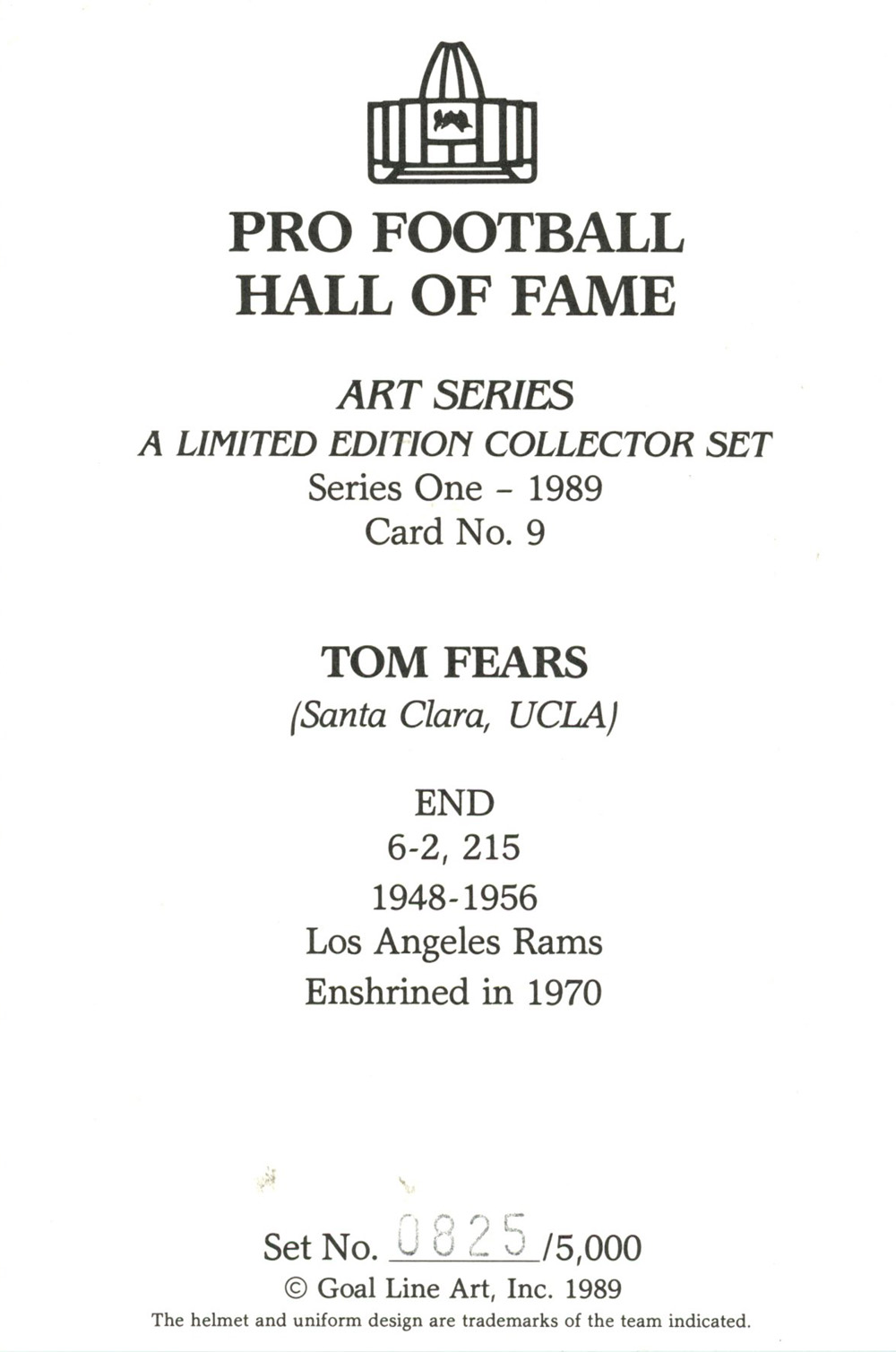 Tom Fears Unsigned 1989 Series One Goal Line Art Card St Louis Rams