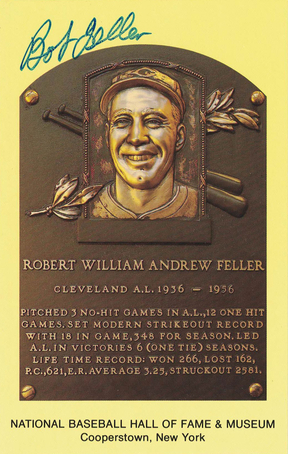 Bob Feller Autographed/Signed Cleveland Indians Hall Of Fame Postcard 27522