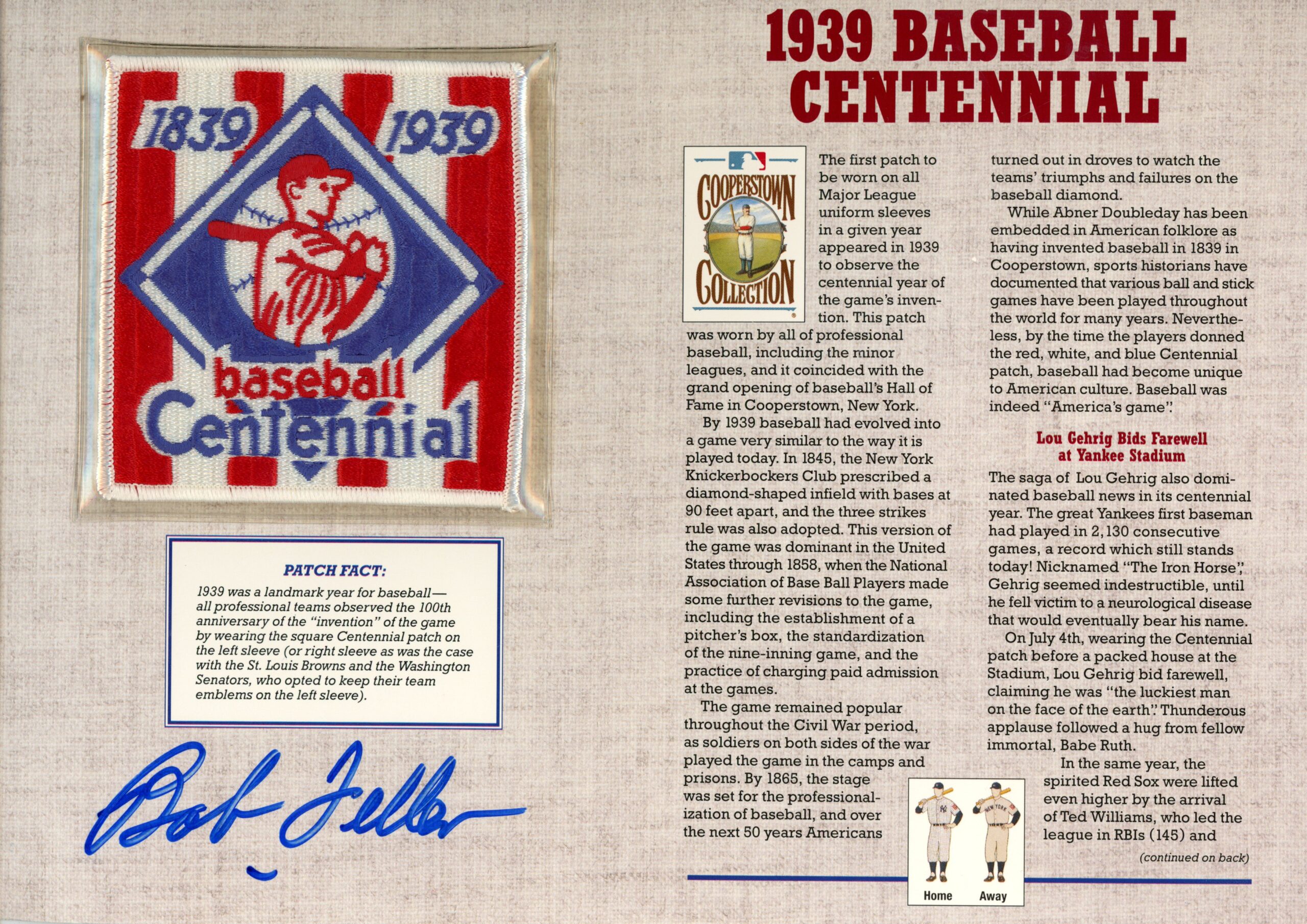 Bob Feller Signed Cleveland Indians 1939 Centennial Patch Card Beckett 54958