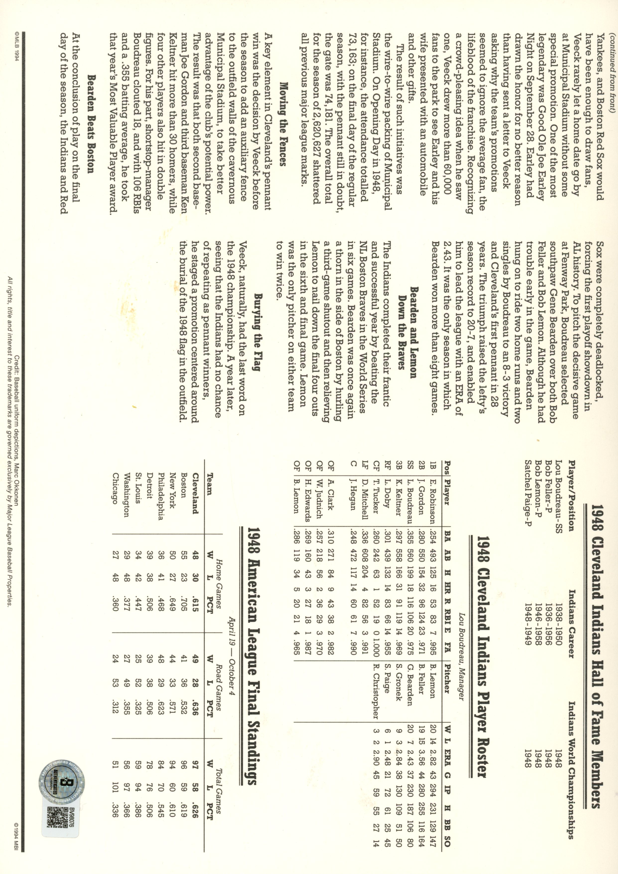 Bob Feller Autographed Cleveland Indians 1948 Patch Stat Card Beckett 54959