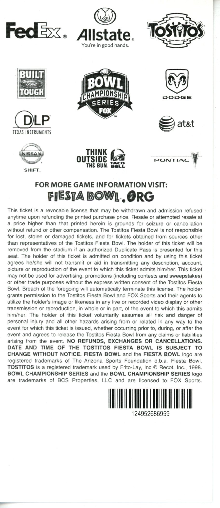Fiesta Bowl Championship West Virginia vs Oklahoma Sooners Ticket 1/2/2008 55566