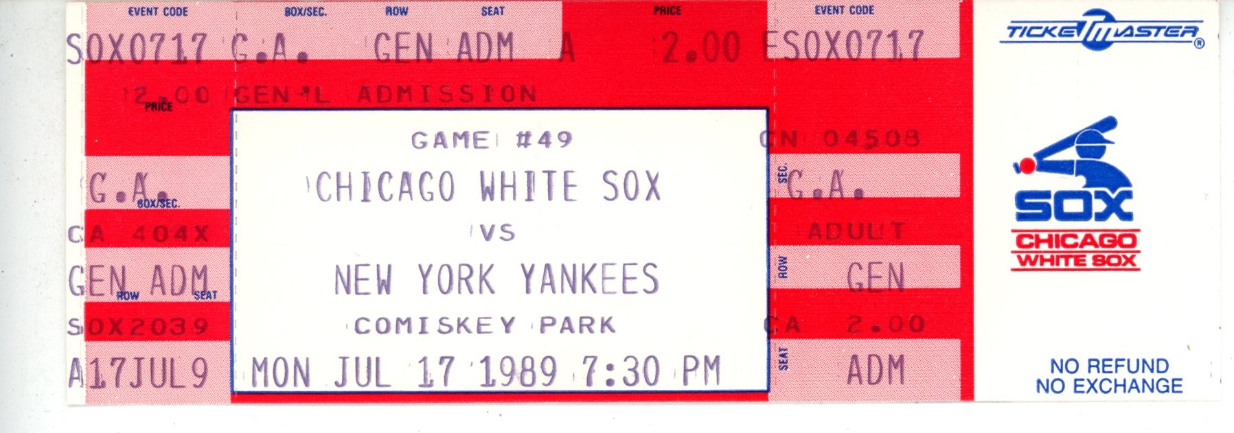 Carlton Fisk Chicago White Sox 2000th Hit 07/17/1989 v. Yankees Ticket 56255