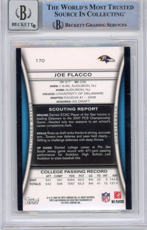 Joe Flacco Autographed  2008 Bowman #170 (Grade 10) Beckett Slabbed