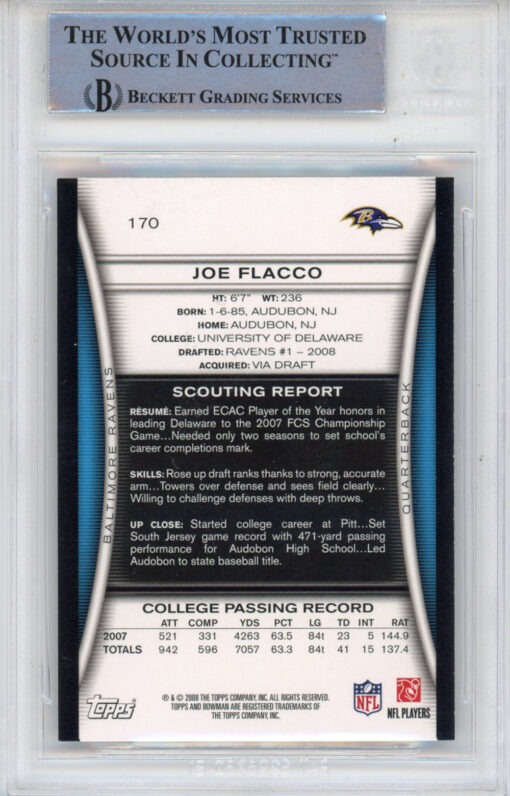 Joe Flacco Autographed  2008 Bowman #170 Beckett Slabbed