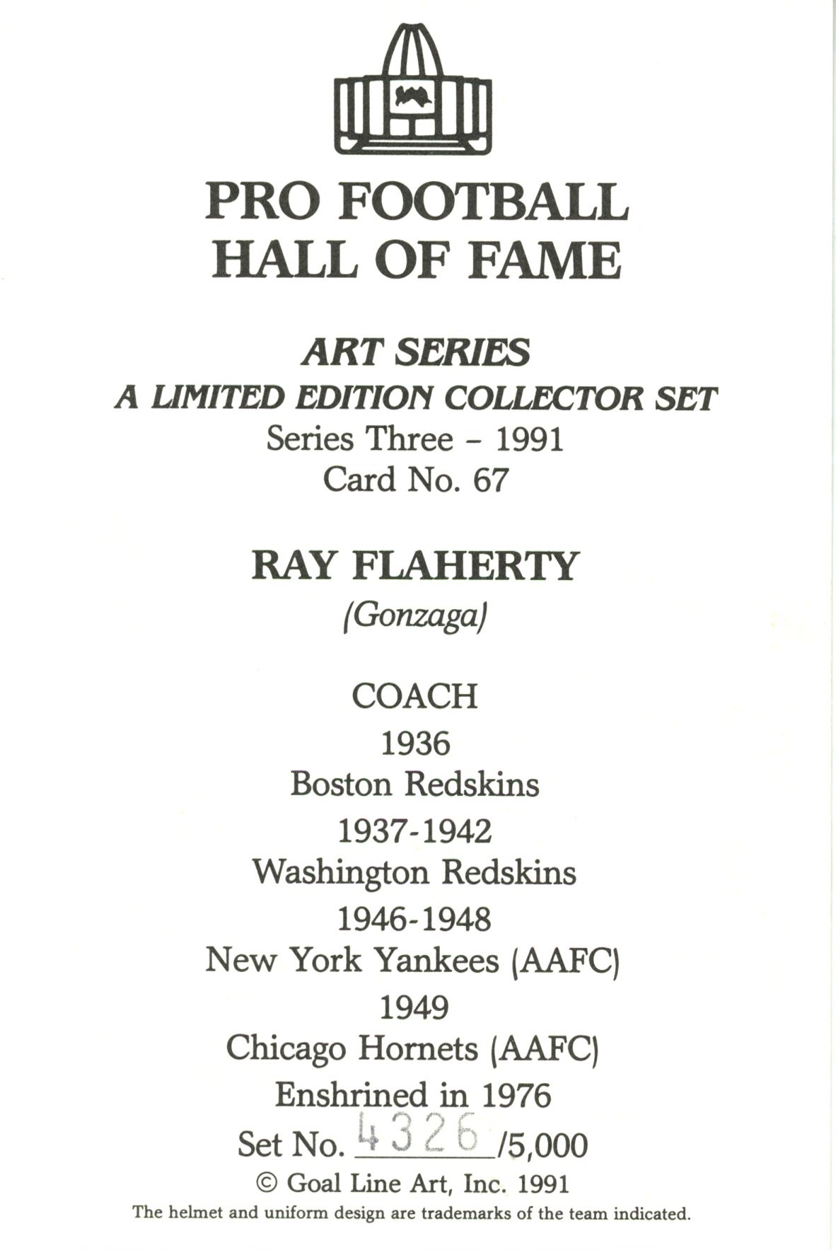 Ray Flaherty Washington Redskins Goal Line Art Card Series 3 #67 LE /5000 58067 2 Ray Flaherty Washington Redskins Goal Line Art Card Series 3 #67 LE /5000 58067