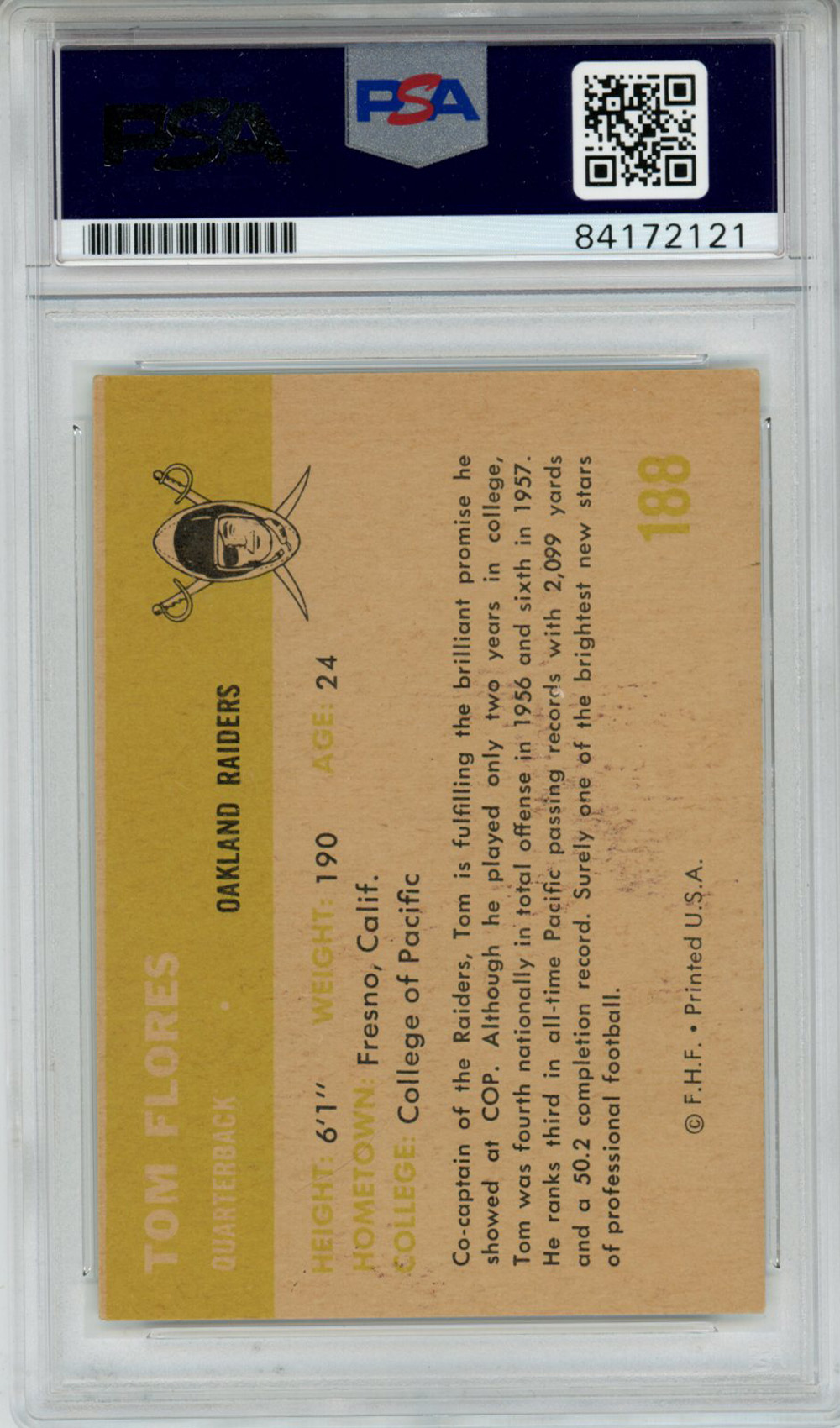 Tom Flores Autographed 1961 Fleer #188 Trading Card HOF PSA Slab