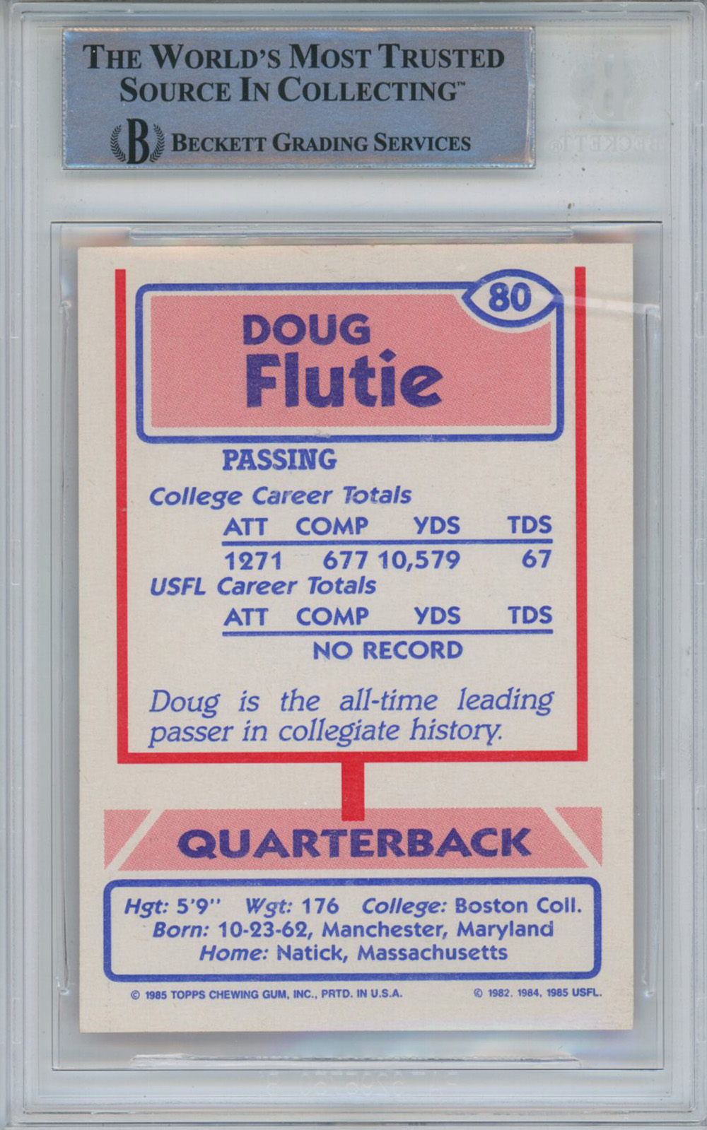 Doug Flutie Signed 1985 Topps #80 USFL Rookie Card Beckett Slab