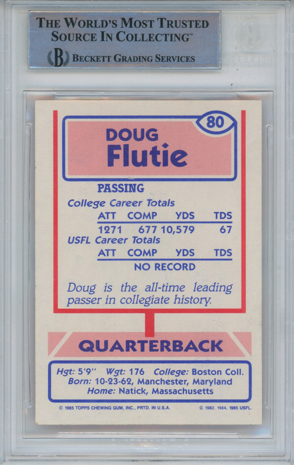Doug Flutie Signed 1985 Topps #80 USFL Rookie Card Beckett Slab