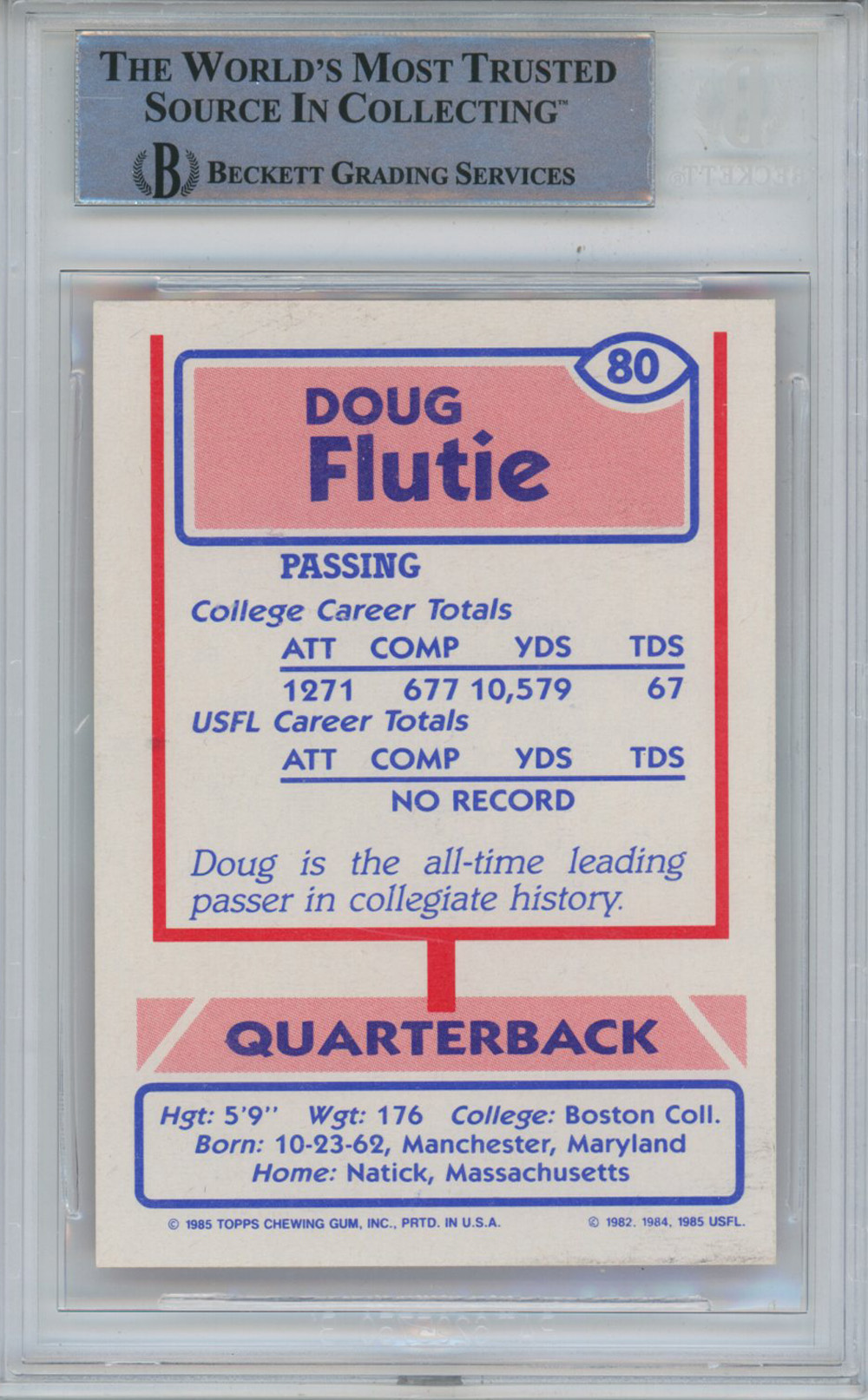 Doug Flutie Signed 1985 Topps #80 USFL Rookie Card Beckett Slab