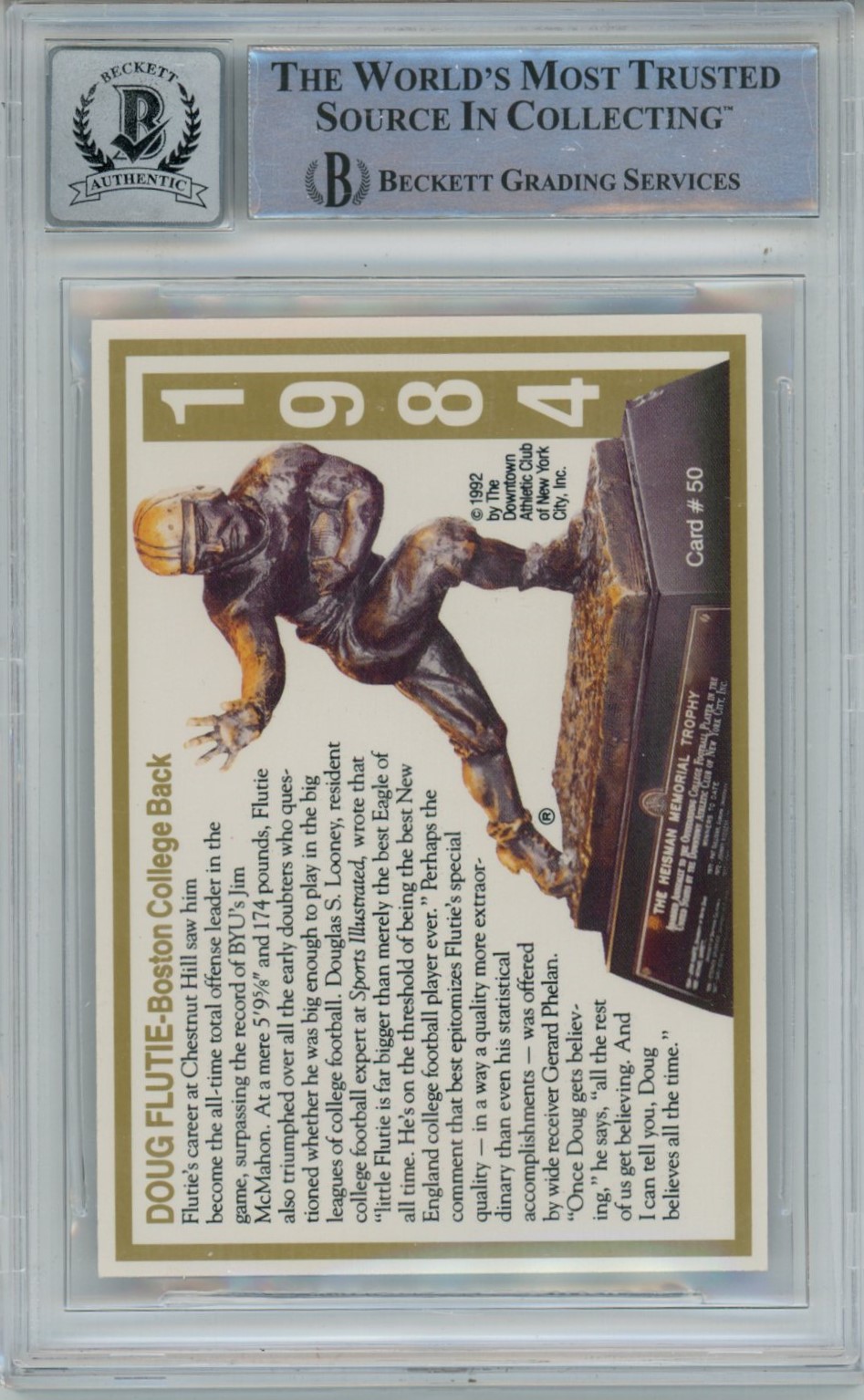 Doug Flutie Signed Boston College 1992 Heisman #50 Beckett Auto 10