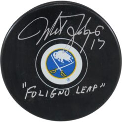 Mike Foligno Autographed/Signed Buffalo Sabres Logo Puck Foligno Leap JSA 53953