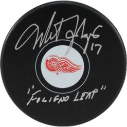 Mike Foligno Autographed Detroit Red Wings Logo Puck Foligno Leap JSA 53966