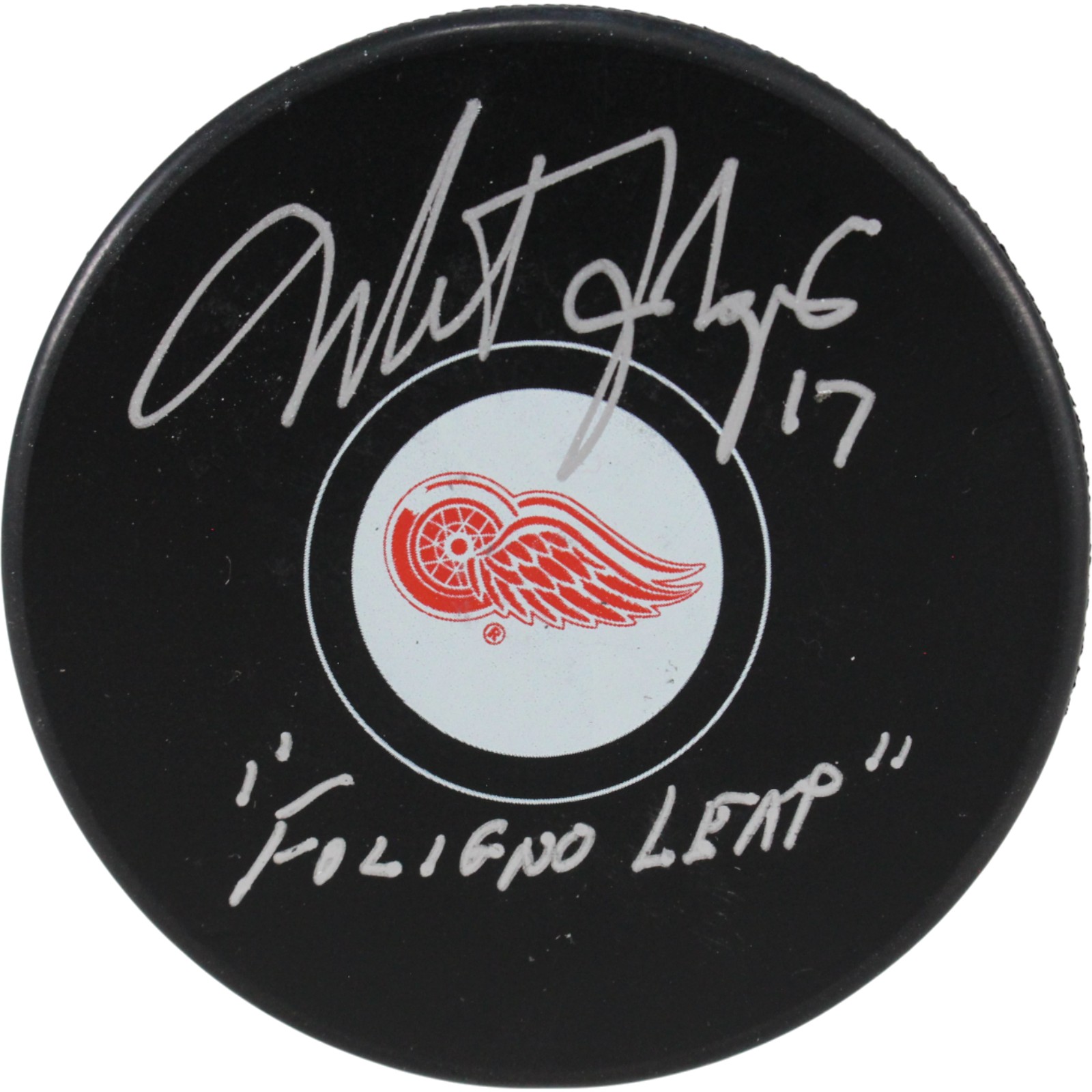 Mike Foligno Autographed Detroit Red Wings Logo Puck Foligno Leap JSA 53966